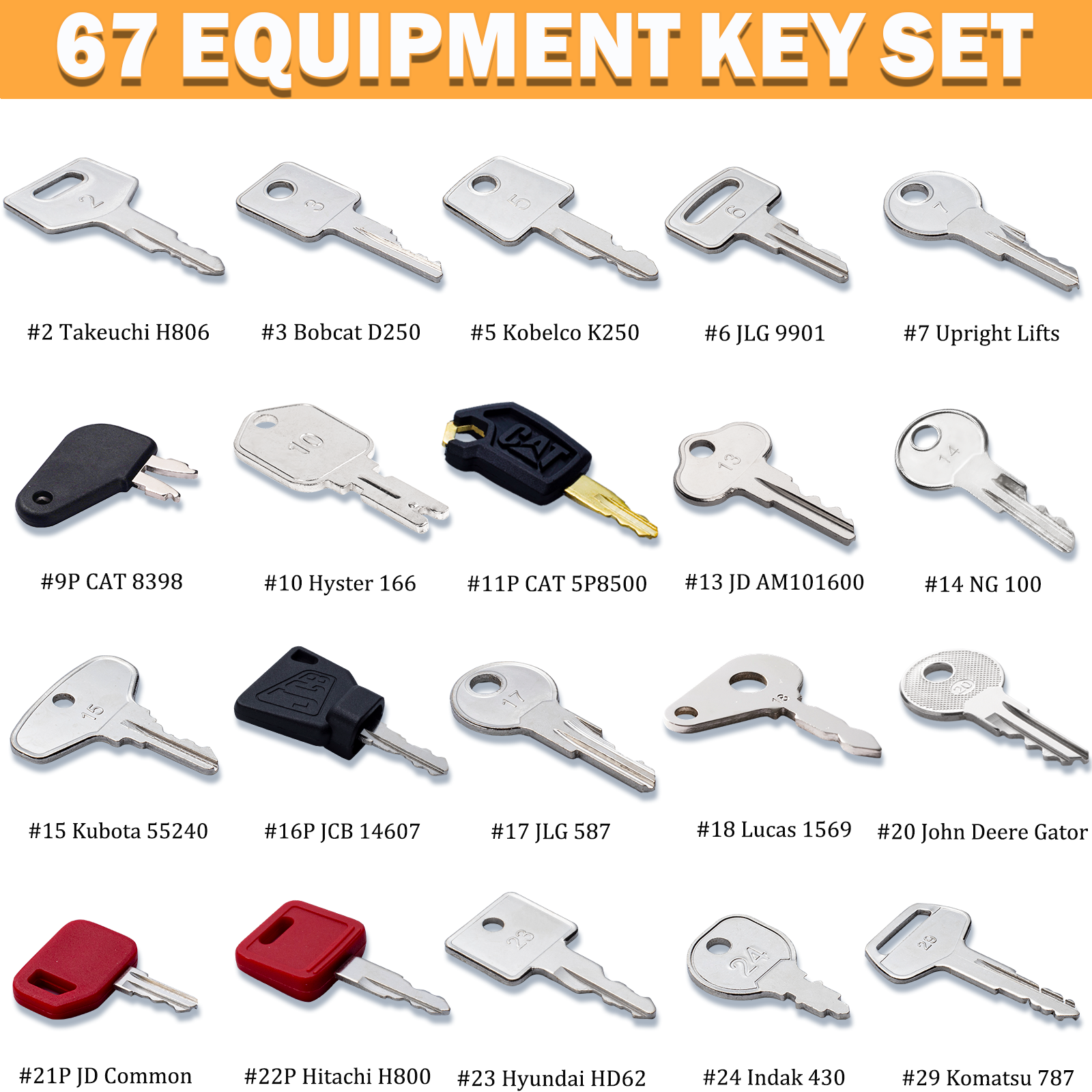 Equipment Key Set - 67 Heavy Equipment Master Keys Constrtution Machinery Key for CAT John Deere Volvo JCB Ferguson JLG Genie 
