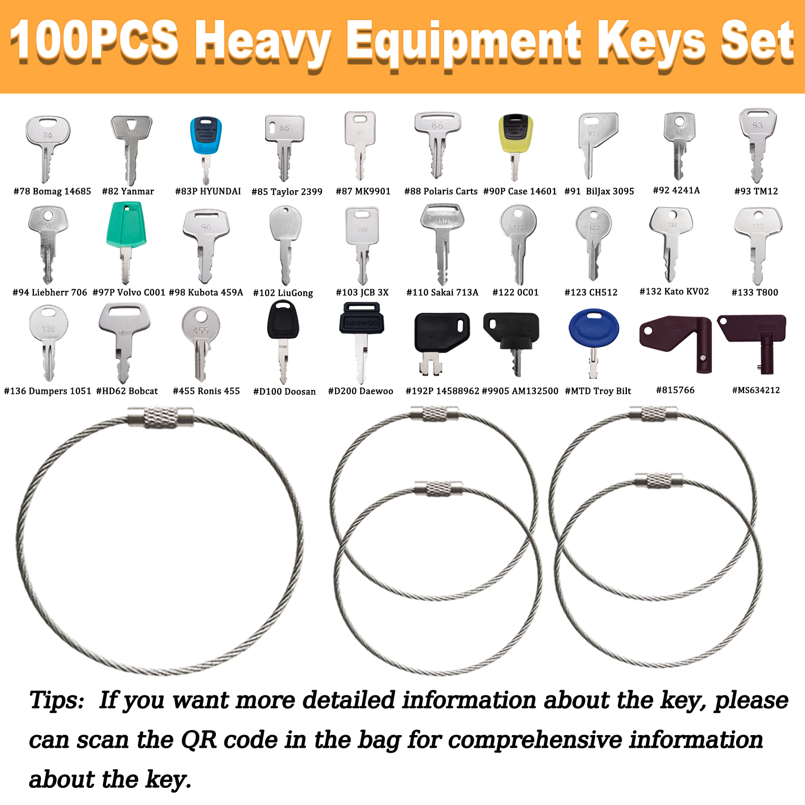 100 Non-Repeating Full Range Master Equipment Key Set, Original Heavy Construction Excavatoer Dumper Dozer Ignition Key for CAT John Deere JCB Yanmar Takeuchi Komatsu Volvo Toyota and More