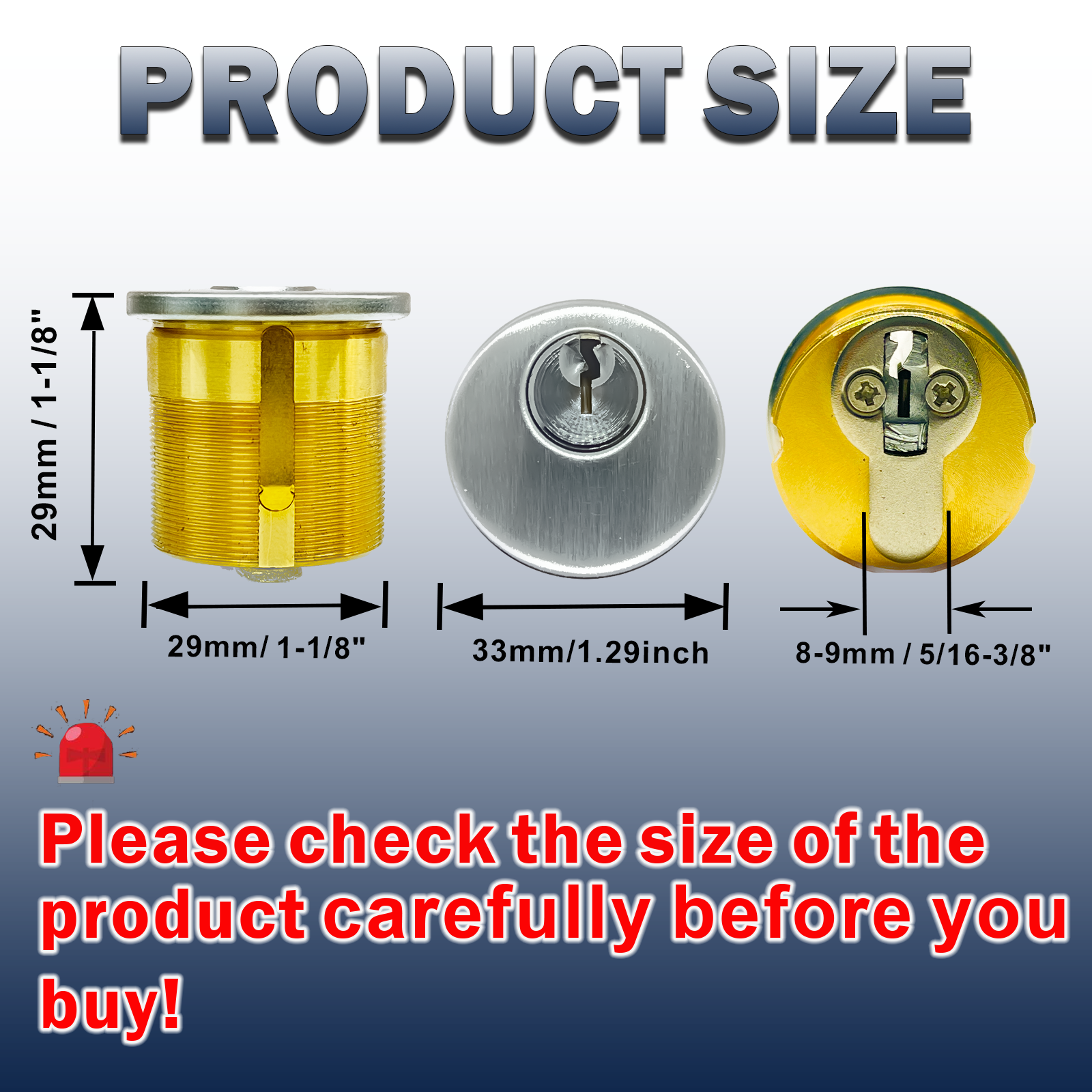 Brass Mortise Door Cylinder Locks Keyed Alike with 4 SC Keyway Keys( Pack-1 1/8" inch-Silver)