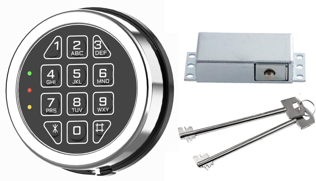Gun Safe Lock Replacement Solenoid Lock with 2 Override Keys Chrome Digital Keypad DIY Safe Electronic, Reset Cable, Circuit Board Lock