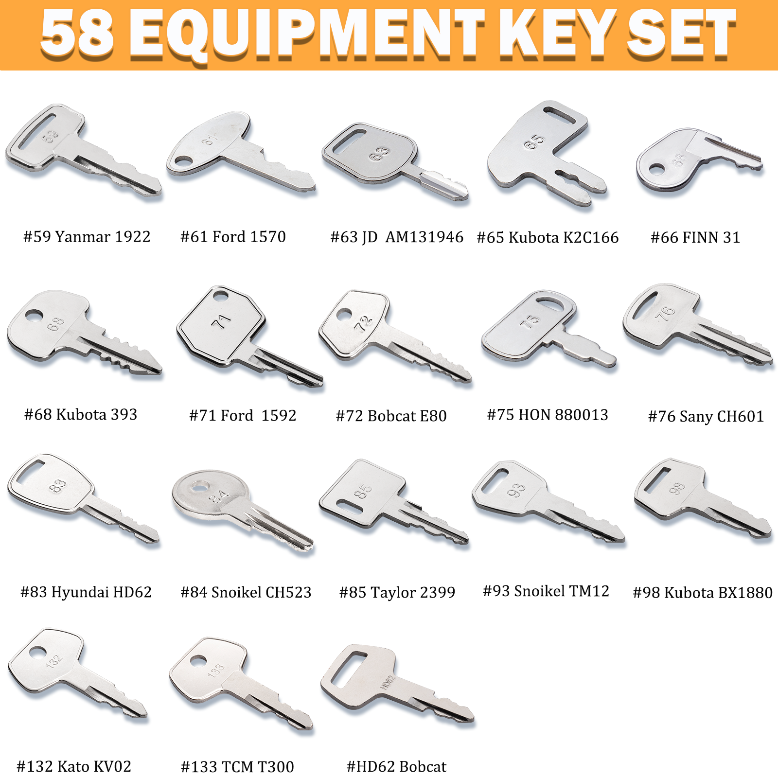 58 Pro Heavy Equipment Key Set Construction Machinery Ignition Keys Set for Caterpillar JCB Komatsu Volvo Kubota Hyster Takeuchi  