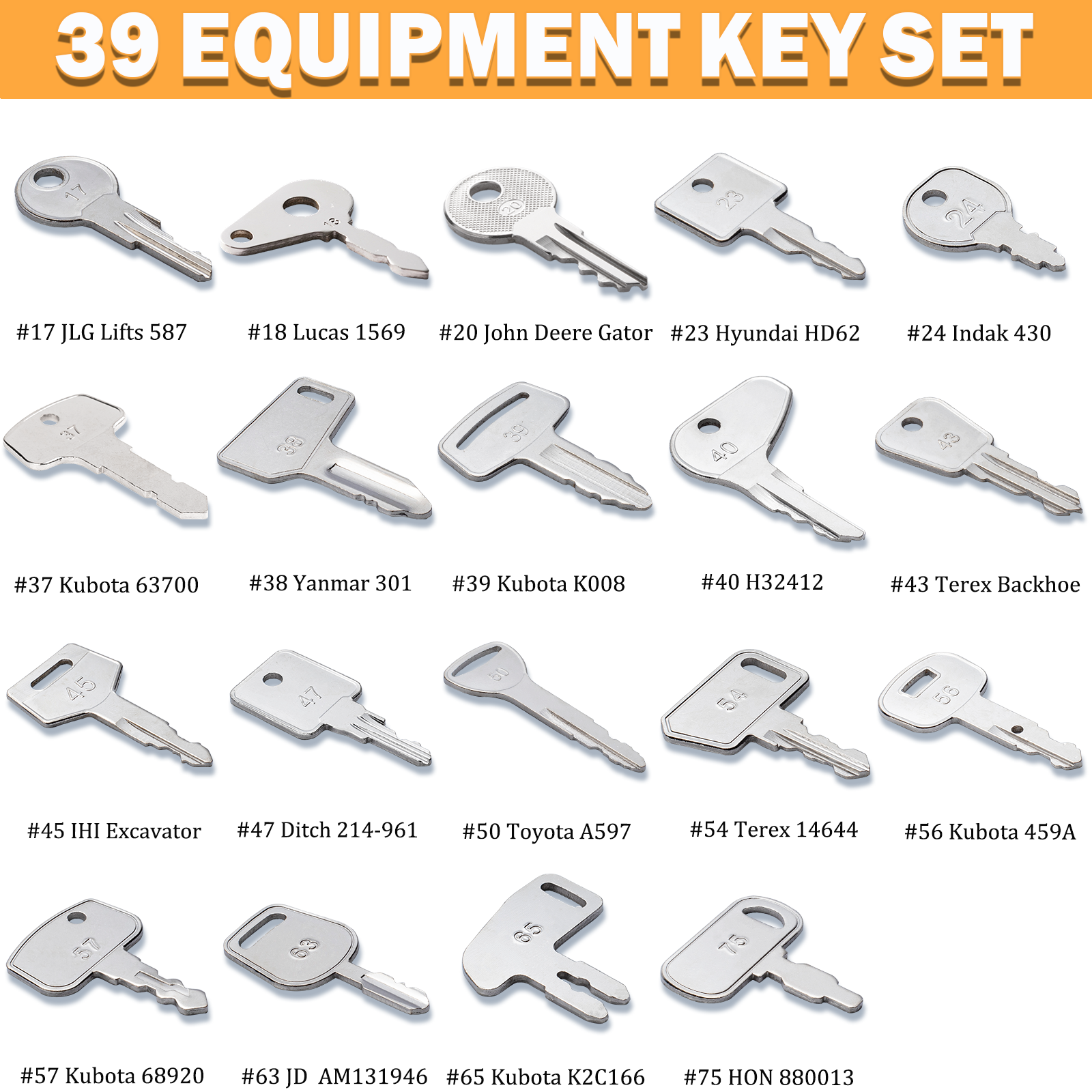 39 Full Range Heavy Equipment Keys-Construction Master Ignition Keys for Homeowners Genie JLG CAT Caterpillar Volvo JCB JD H800 Bobcat Terex Hyster Komatsu 787 Indak Kubota Holland Excavator