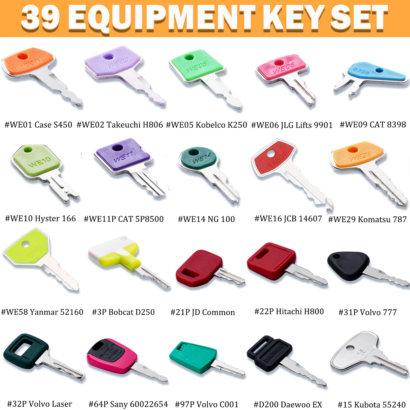 39 Full Range Heavy Equipment Keys-Construction Master Ignition Keys for Homeowners Genie JLG CAT Caterpillar Volvo JCB JD H800 Bobcat Terex Hyster Komatsu 787 Indak Kubota Holland Excavator