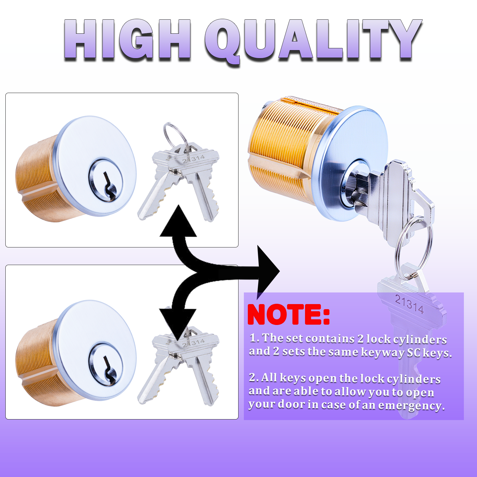 Brass Mortise Door Cylinder Locks Keyed Alike with 4 SC Keyway Keys( Pack-1 1/4" inch-Silver)