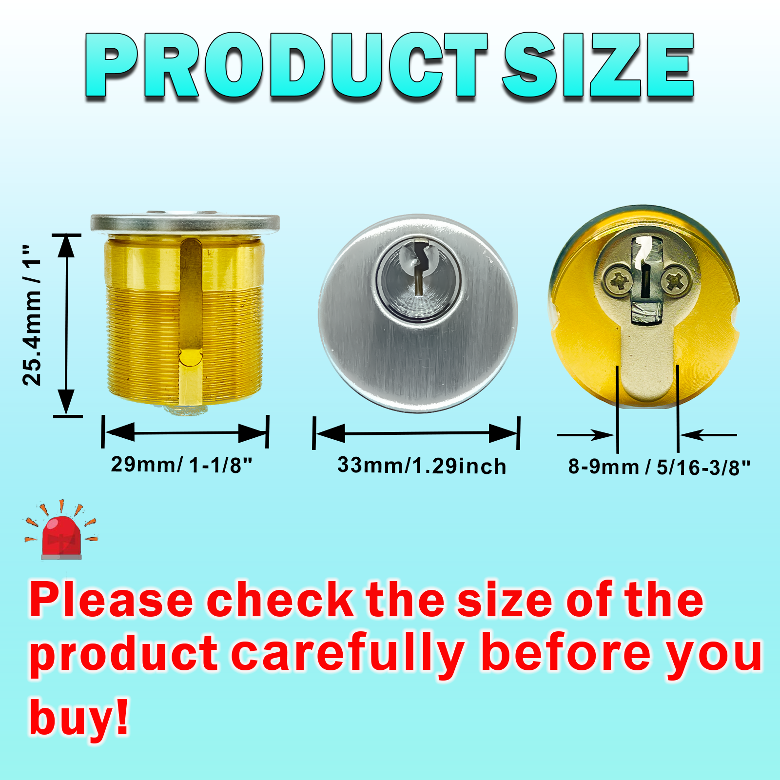 Brass Mortise Door Cylinder Locks Keyed Alike with 4 SC Keyway Keys (2 Pack-1 inch-Silver)