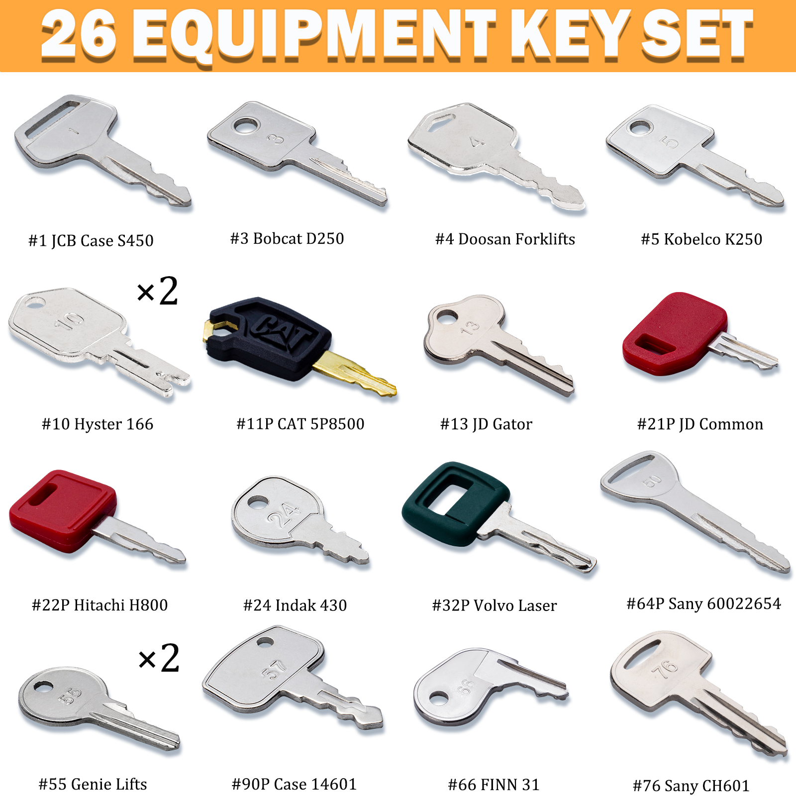 26 Heavy Equipment Keys, Construction Master Key Set for Cat Caterpillar John Deere Case Bobcat JLG JCB Volvo Hyster New Holland Yanmar Takeuchi Kubota Komatsu Heavy Equipment Machine