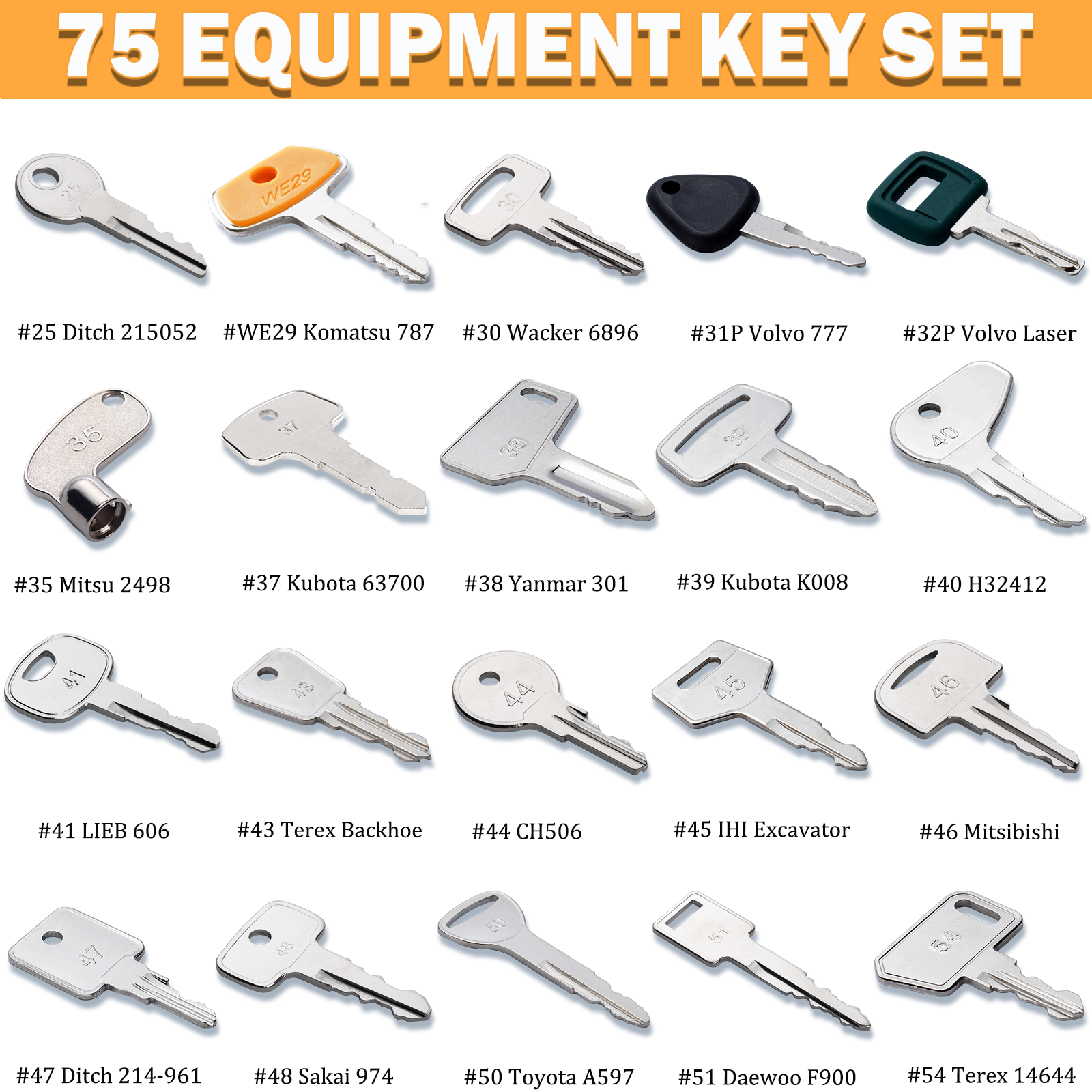75 Non-Duplicated Heavy Equipment Key Set, Construction Equipment Ignition Master Keys 