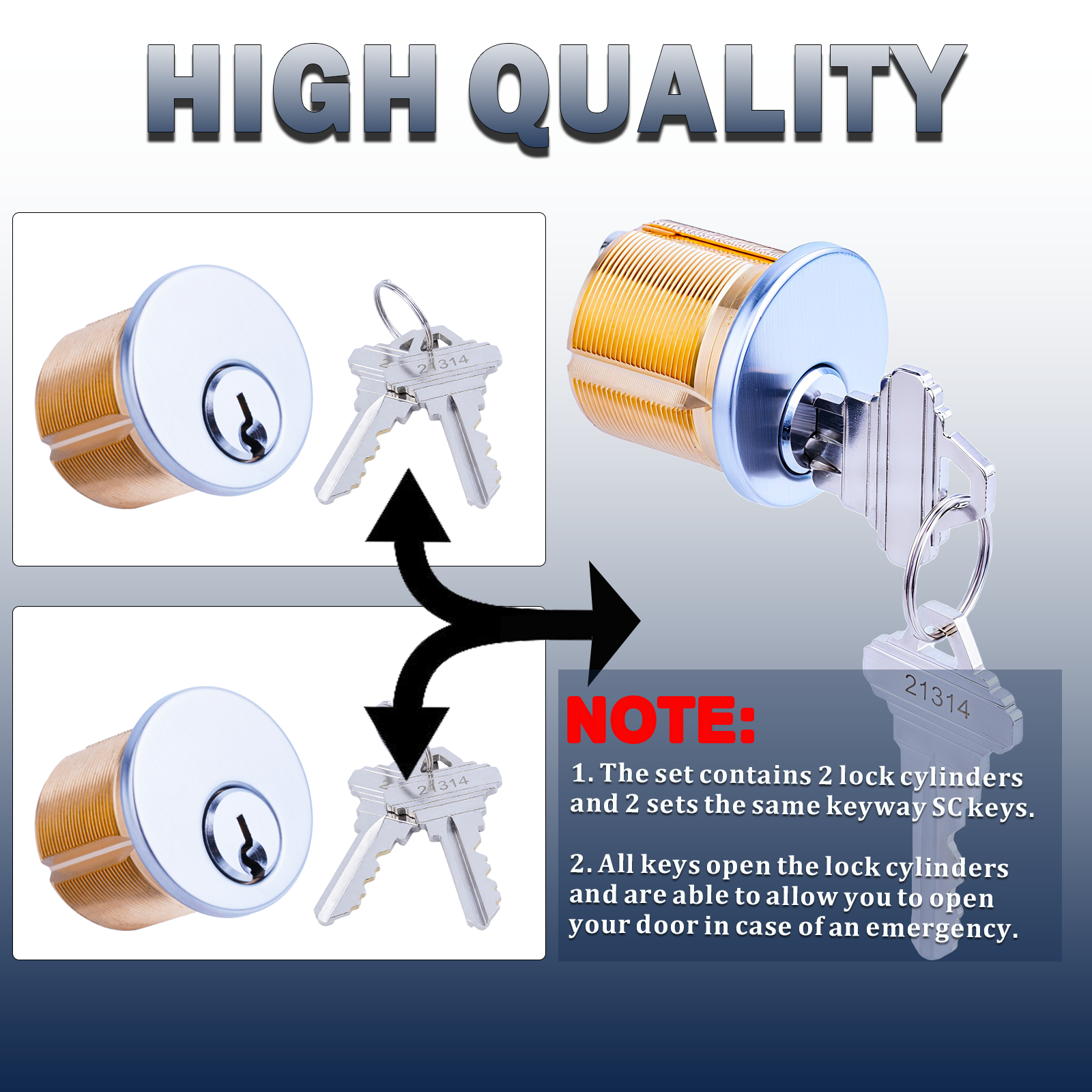 Brass Mortise Door Cylinder Locks Keyed Alike with 4 SC Keyway Keys( Pack-1 1/8" inch-Silver)