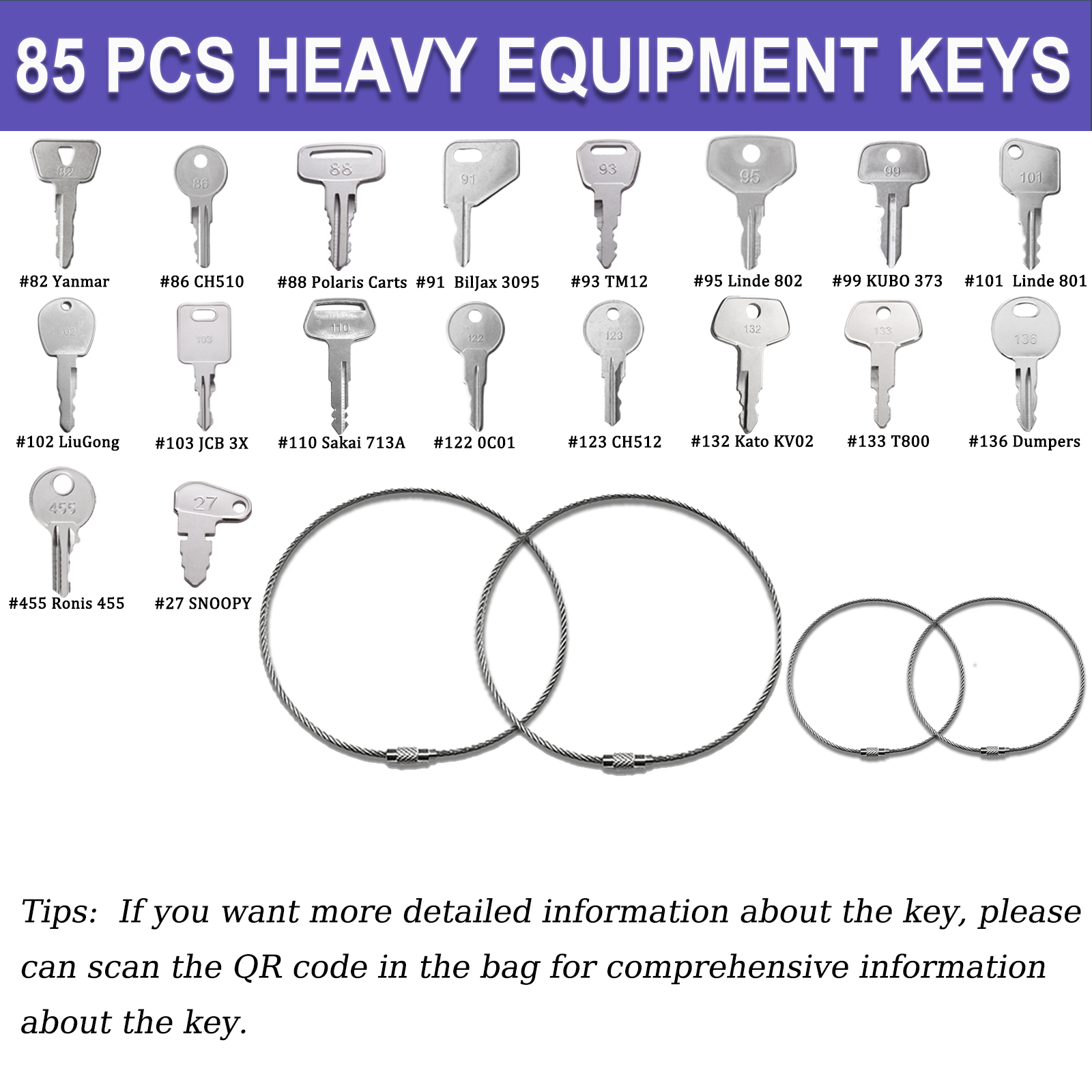85 Heavy Master Equipment Keys Set Fits CAT John Deere Takeuchi JCB Komatsu Kubota Hyster Volvo Yanmar Daewoo