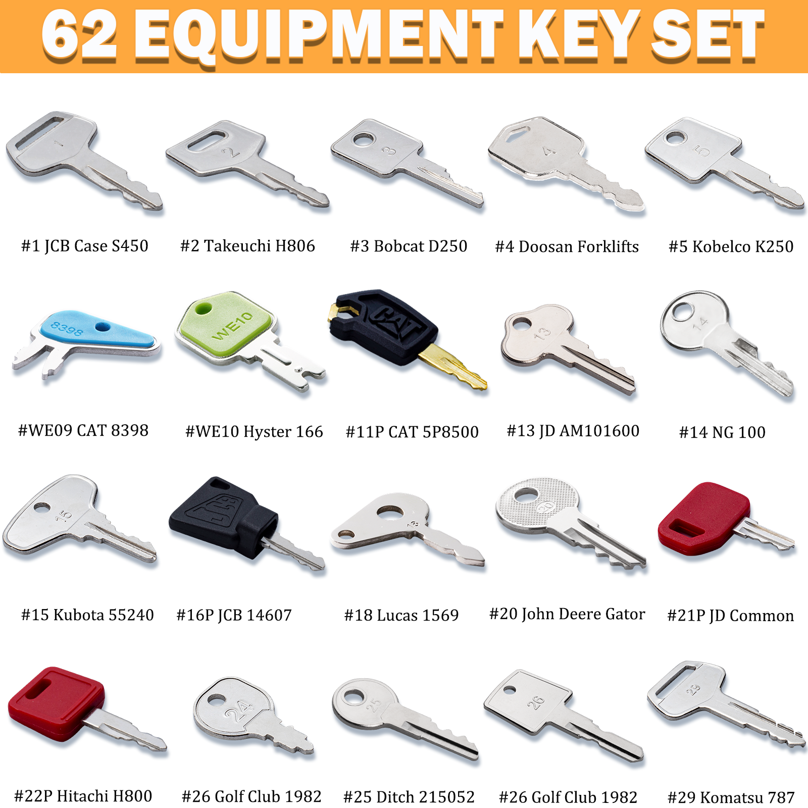 62 Heavy Equipment Keys Master Set Construction Excavator Operator Keys fit Cat John Deere Toyota Komatsu JCB New Holland Clark IHI Kobelco Takeuchi Ferguson Genie Vermeer Terex Skyjack Hyster