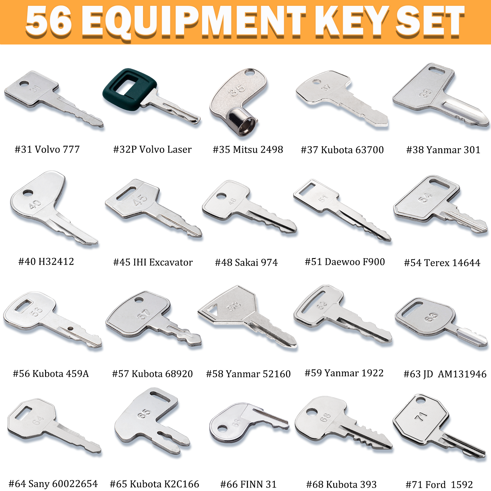 56 Heavy Equipment Keys Master Set, Original Construction Machine Ignition Keys Fits Caterpillar CAT JCB Case John Deere Komatsu Kubota Yanmar Linde Takeuchi Ford Holland Volvo