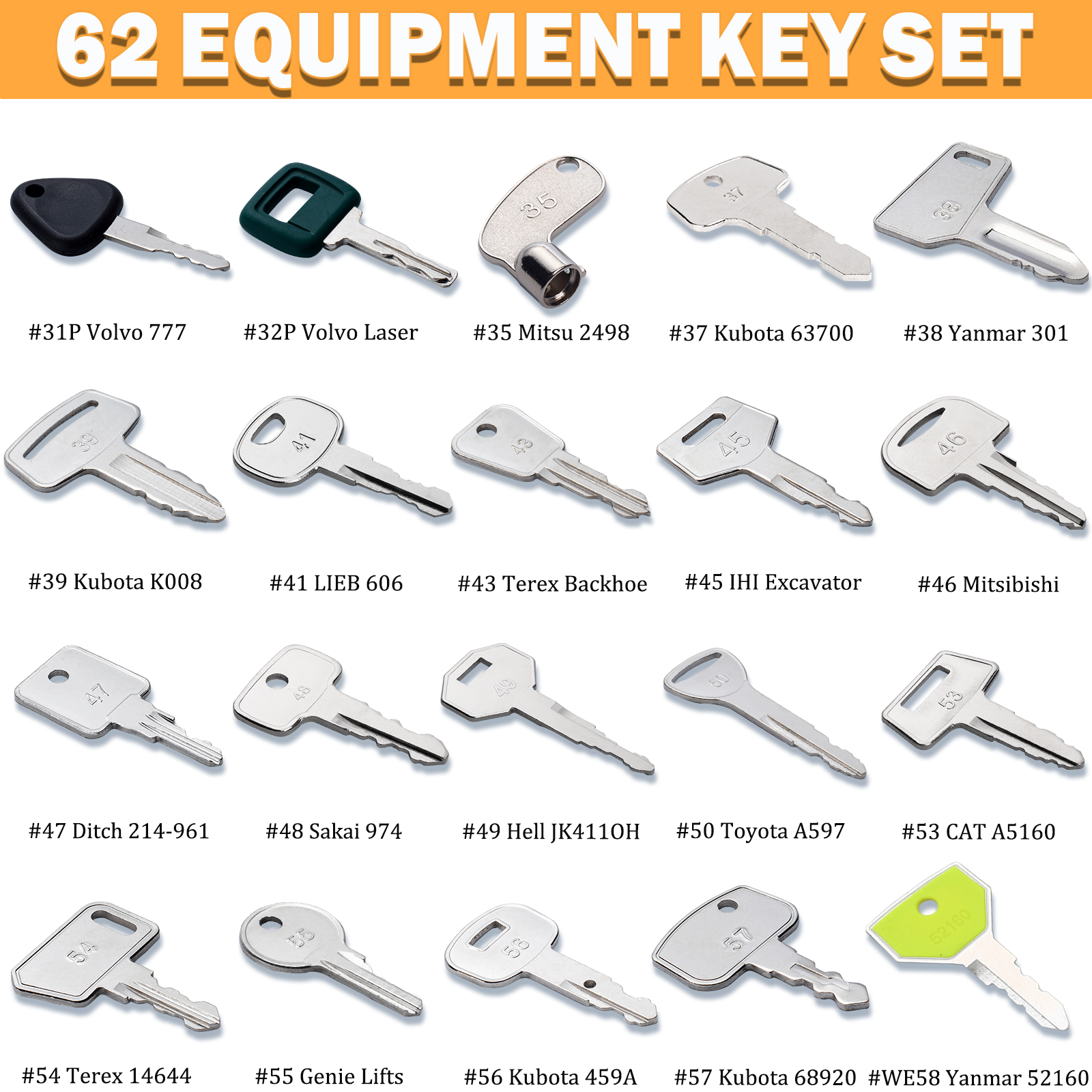 62 Heavy Equipment Keys Master Set Construction Excavator Operator Keys fit Cat John Deere Toyota Komatsu JCB New Holland Clark IHI Kobelco Takeuchi Ferguson Genie Vermeer Terex Skyjack Hyster