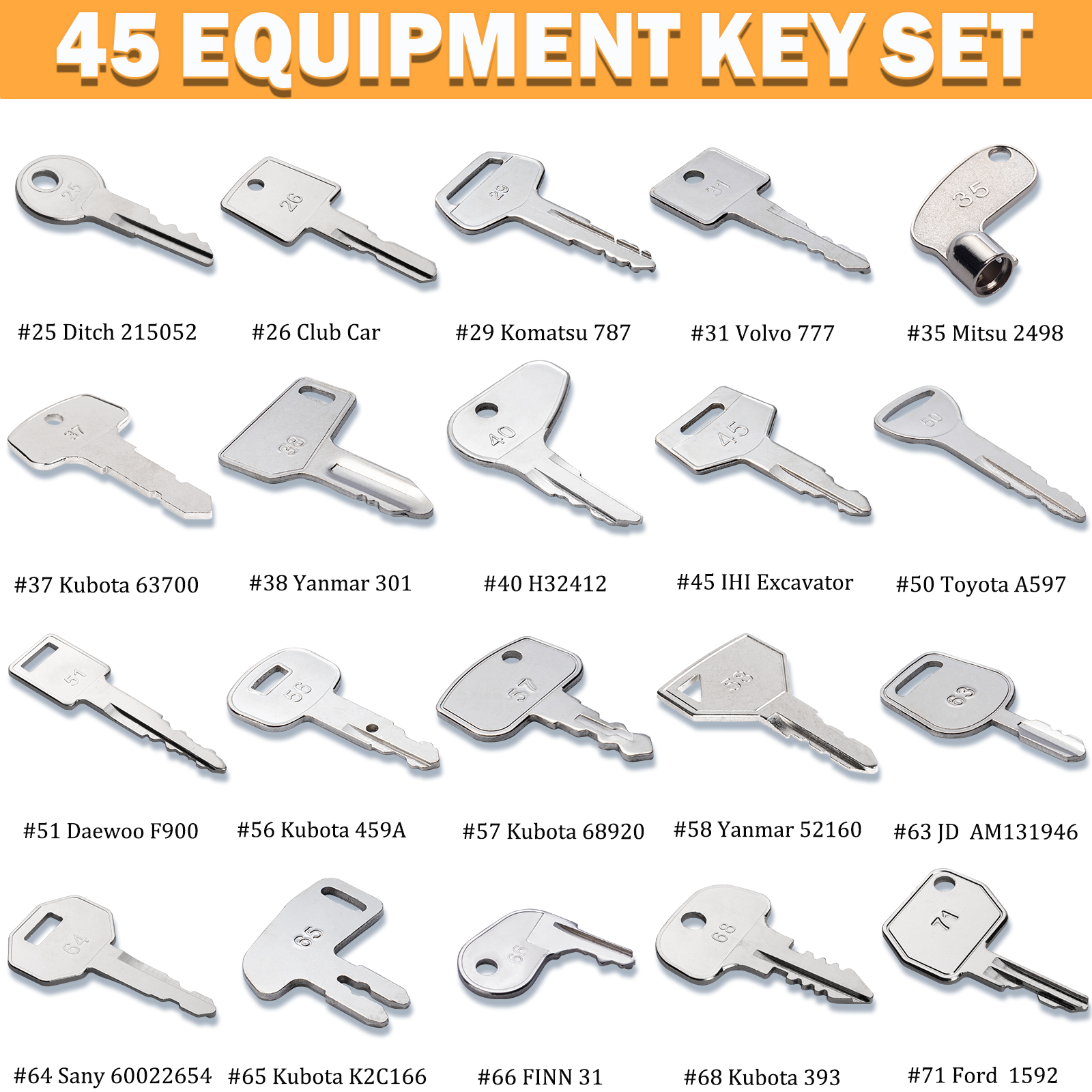 45 Construction Equipment Operator Keys, Heavy Equipment Key Master Set for Caterpillar Cat John Deere JCB Volvo Hyster Yanmar Takeuchi Yanmar 