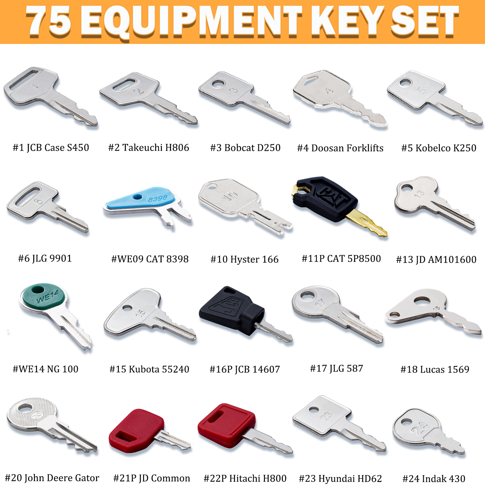 75 Non-Duplicated Heavy Equipment Key Set, Construction Equipment Ignition Master Keys 