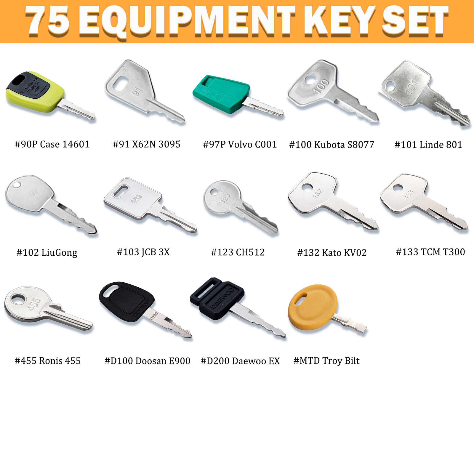 75 Non-Duplicated Heavy Equipment Key Set, Construction Equipment Ignition Master Keys 