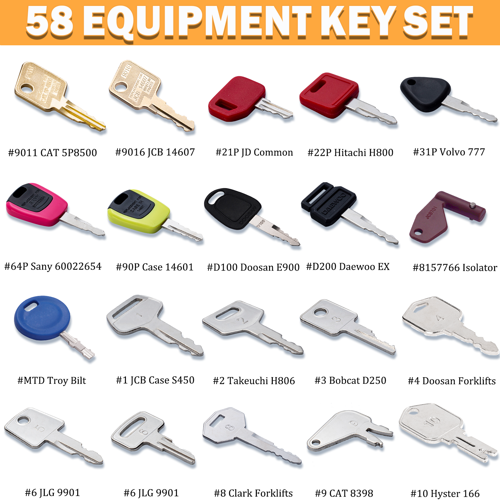 58 Pro Heavy Equipment Key Set Construction Machinery Ignition Keys Set for Caterpillar JCB Komatsu Volvo Kubota Hyster Takeuchi  