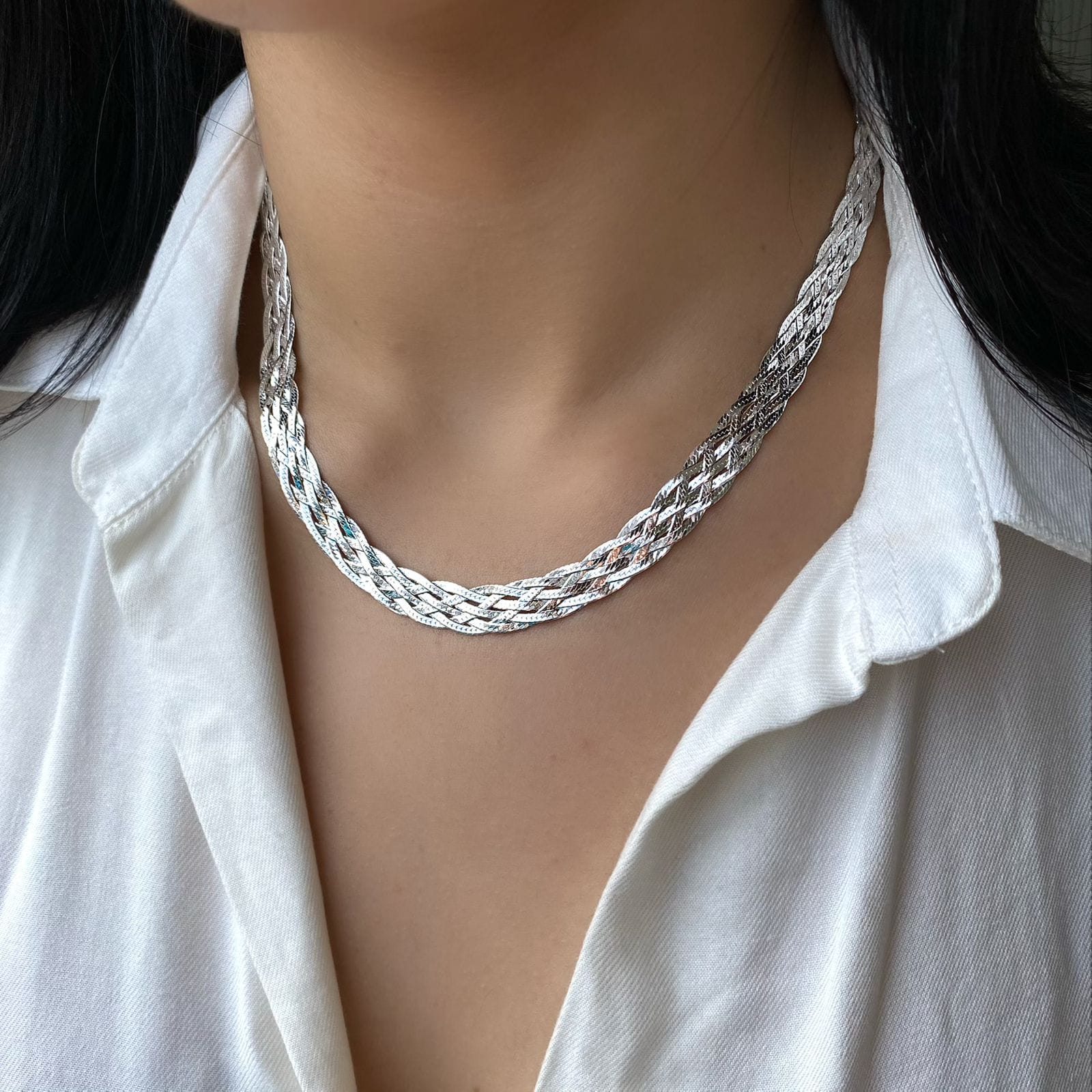 Corrente de Prata Malha Trançada 6 fios 45cm