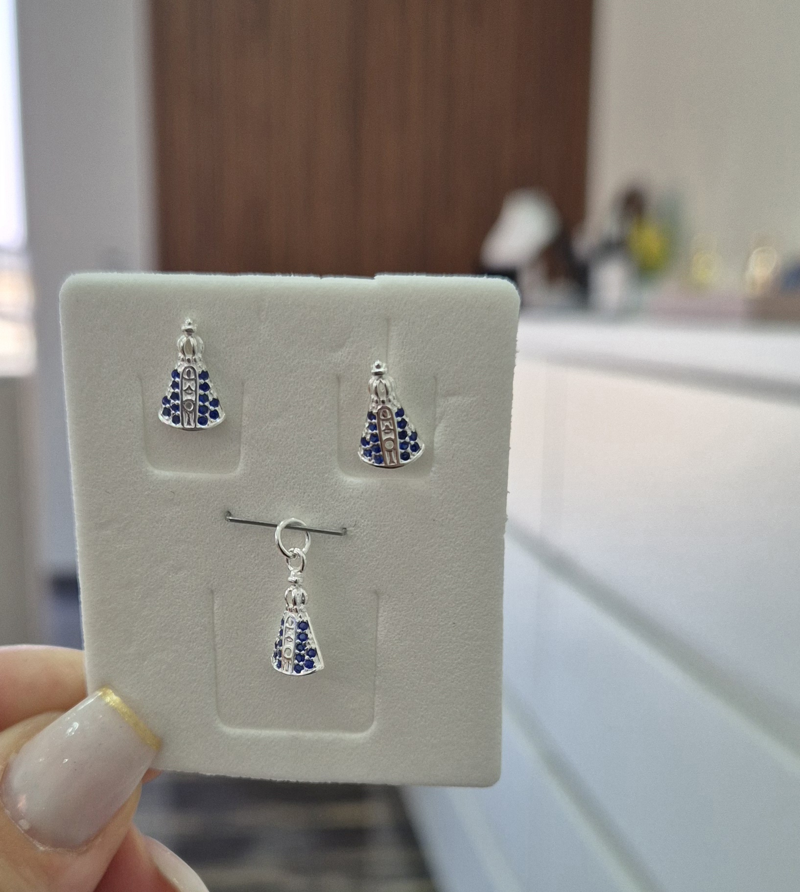 Conjunto Colar e Brinco Nossa Senhora Aparecida Pedra Azul