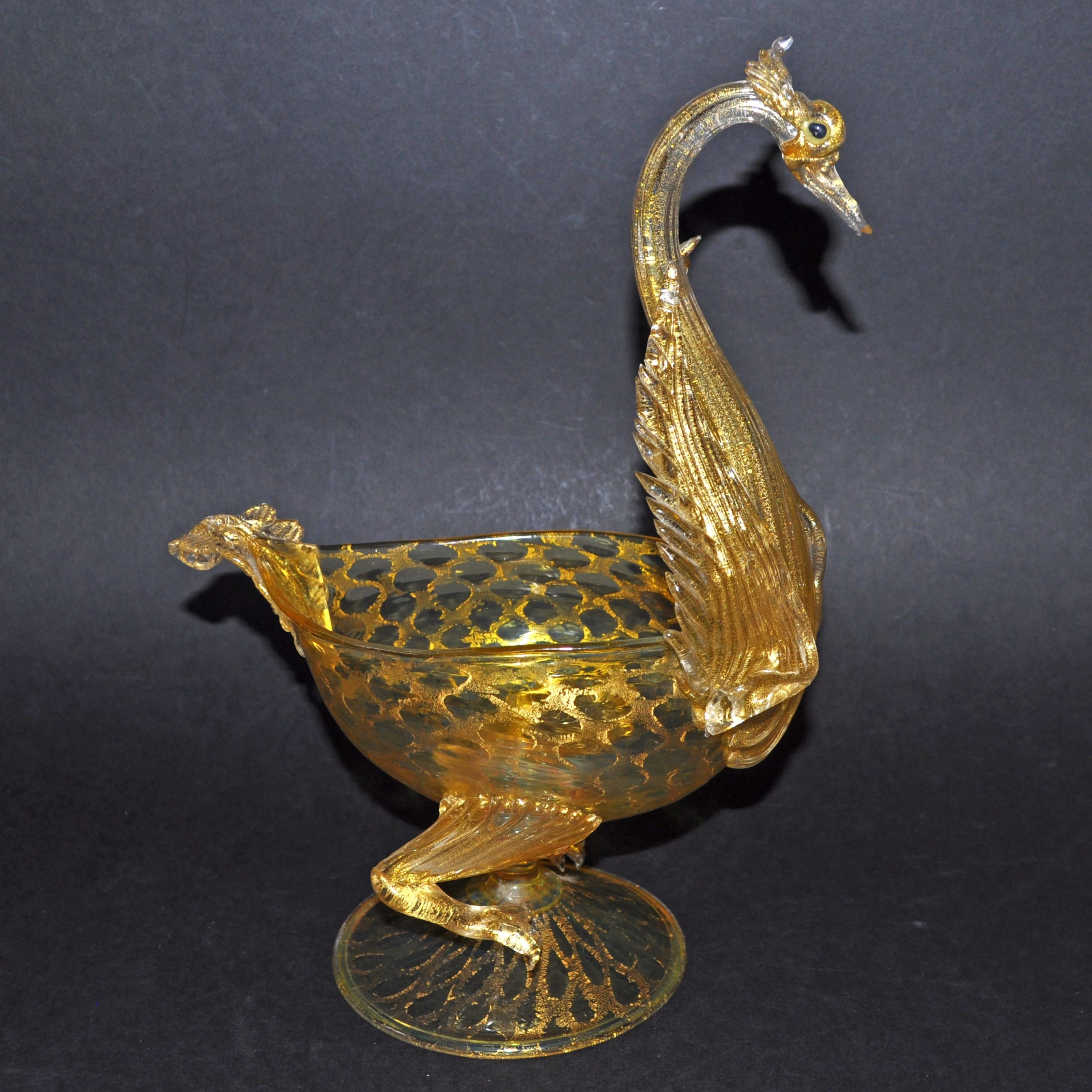 Vintage Murano Salviati Glass Swan Bowl in Gold Aventurine (Repaired)