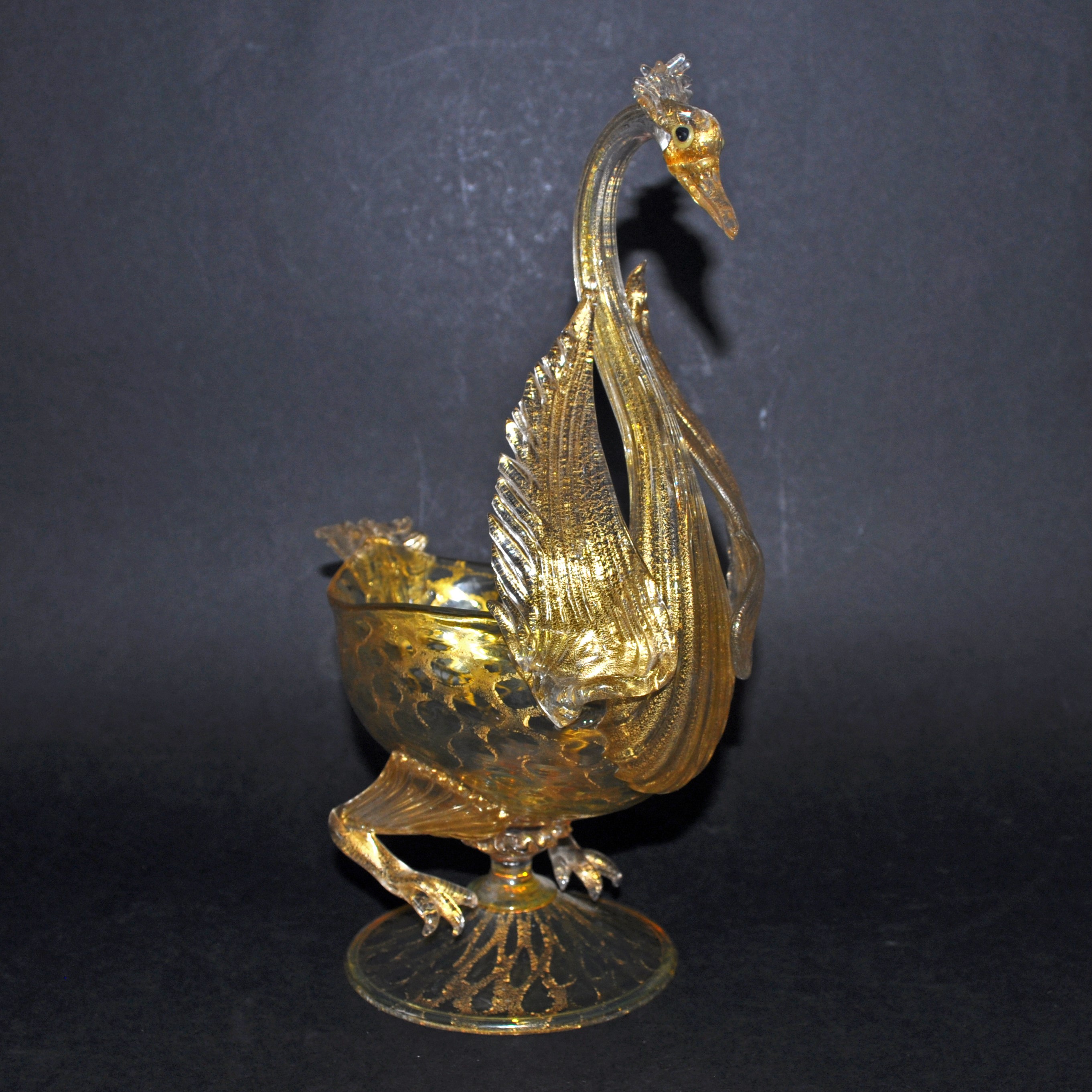 Vintage Murano Salviati Glass Swan Bowl in Gold Aventurine (Repaired)