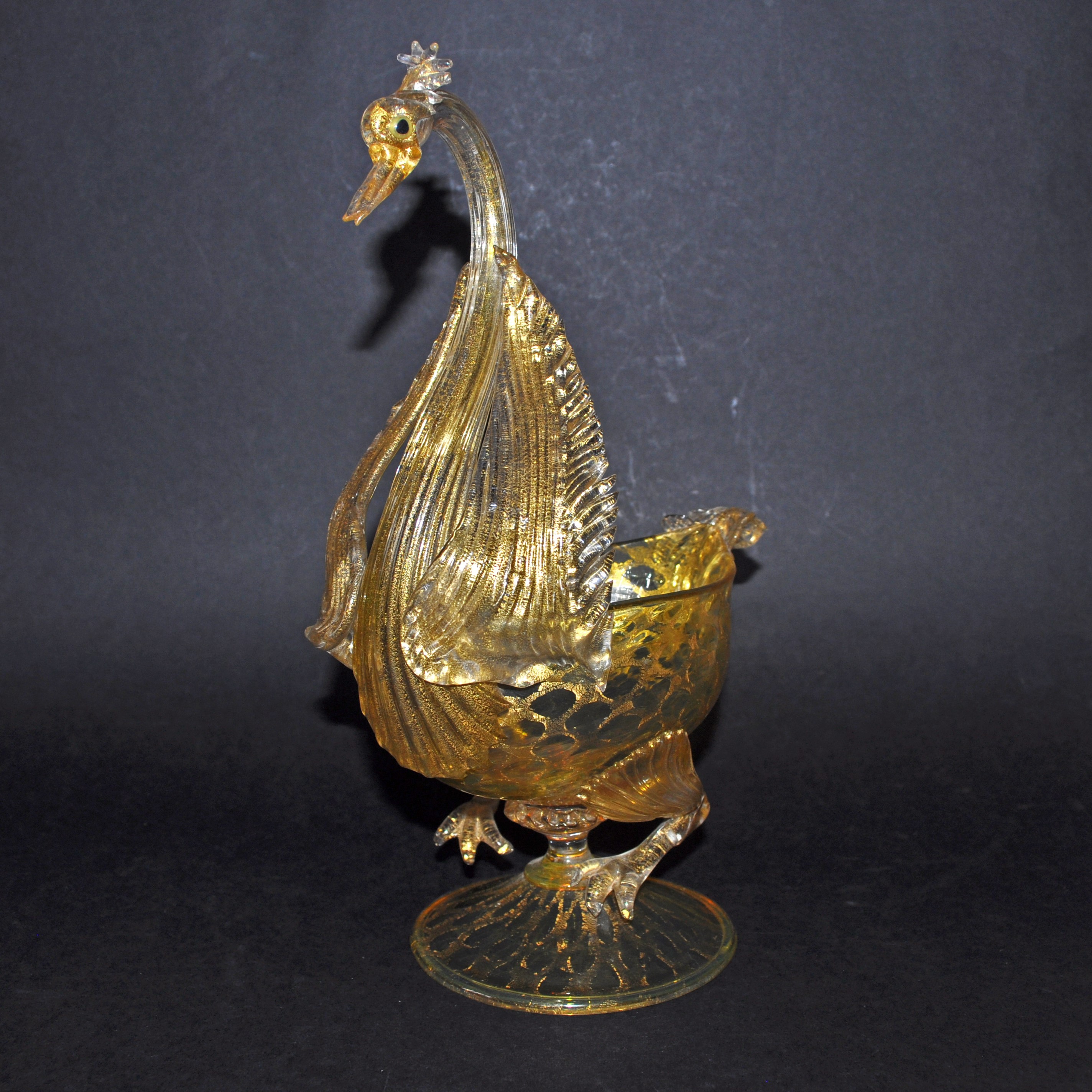 Vintage Murano Salviati Glass Swan Bowl in Gold Aventurine (Repaired)