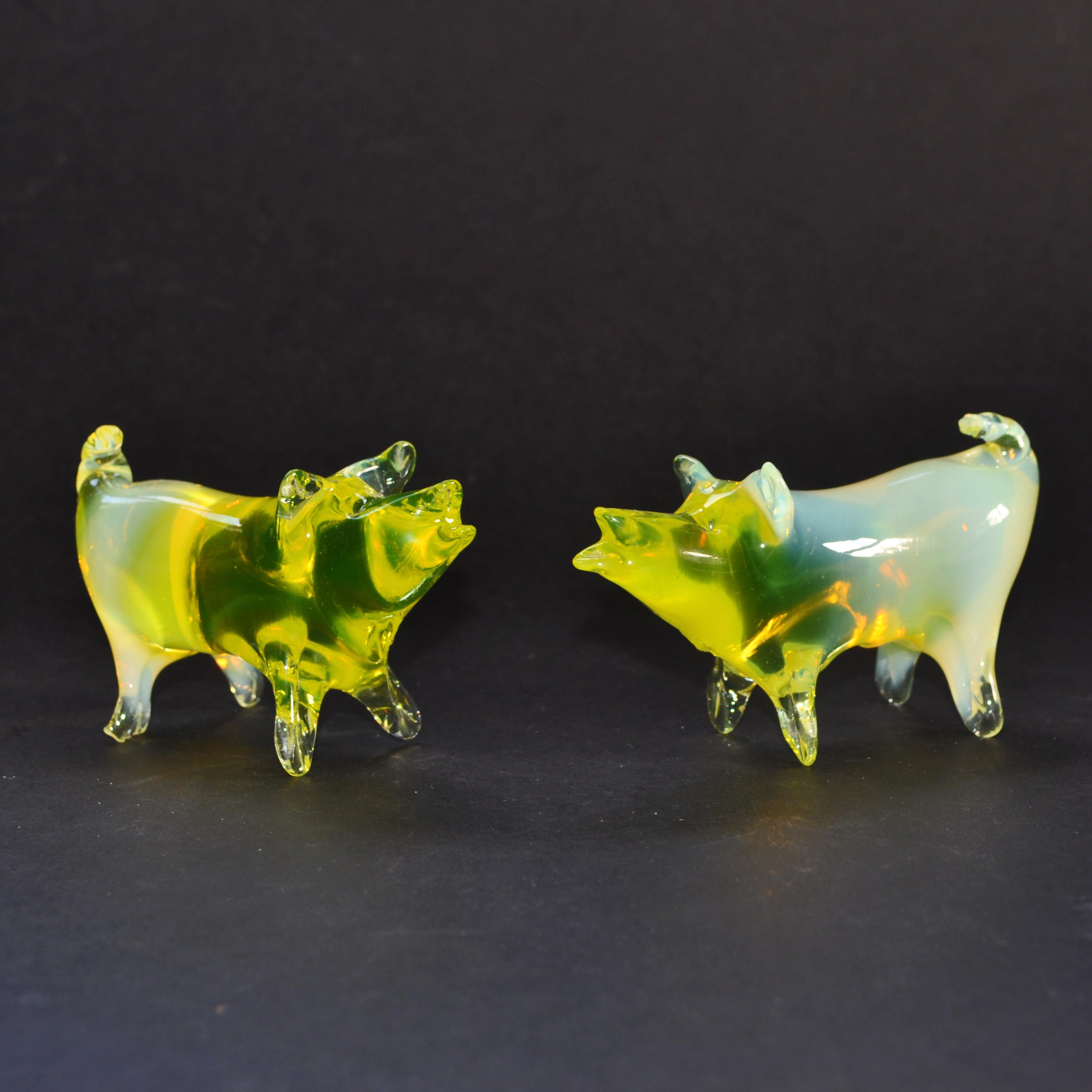 Antique Pair of Thomas Webb & Sons Uranium Glass Pigs