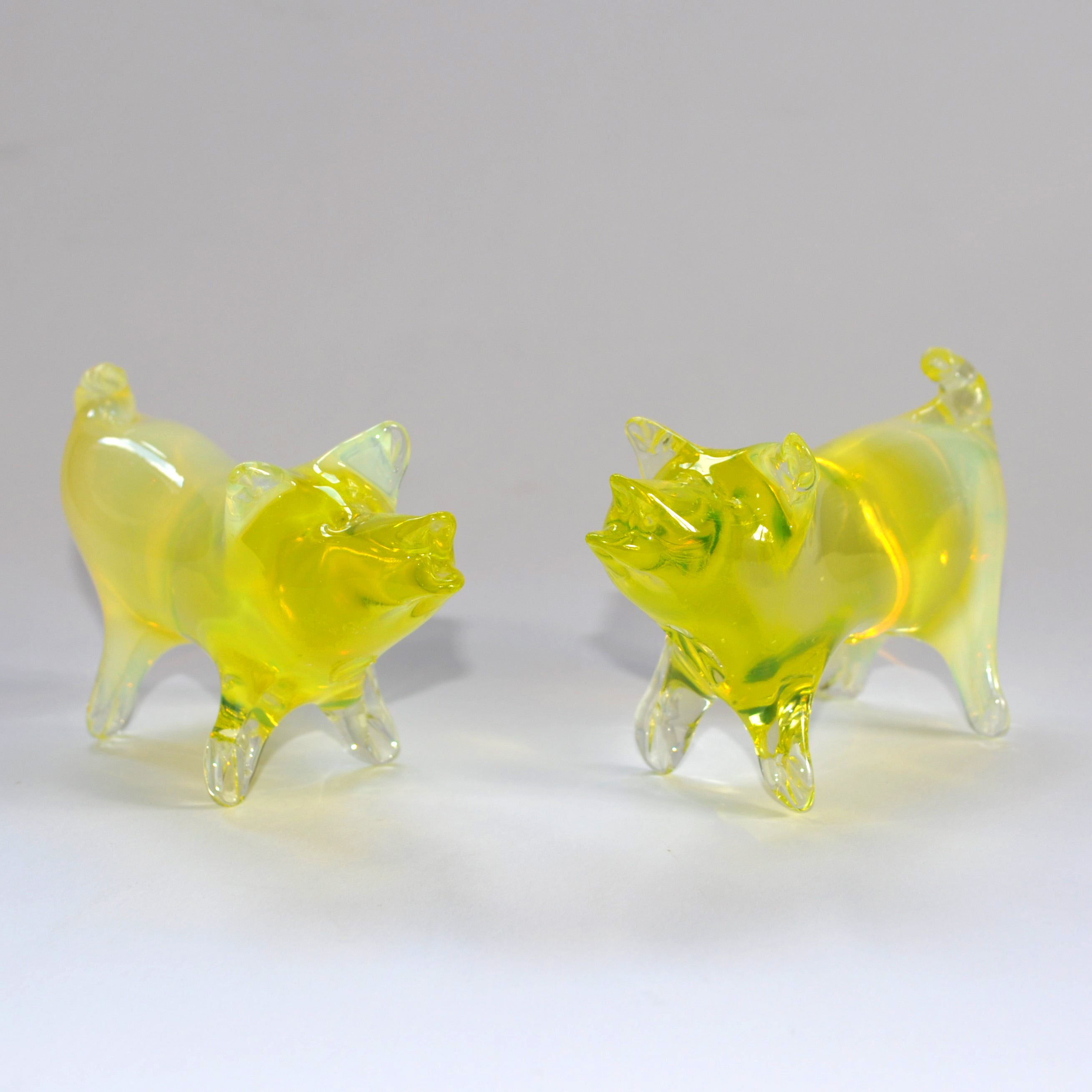 Antique Pair of Thomas Webb & Sons Uranium Glass Pigs