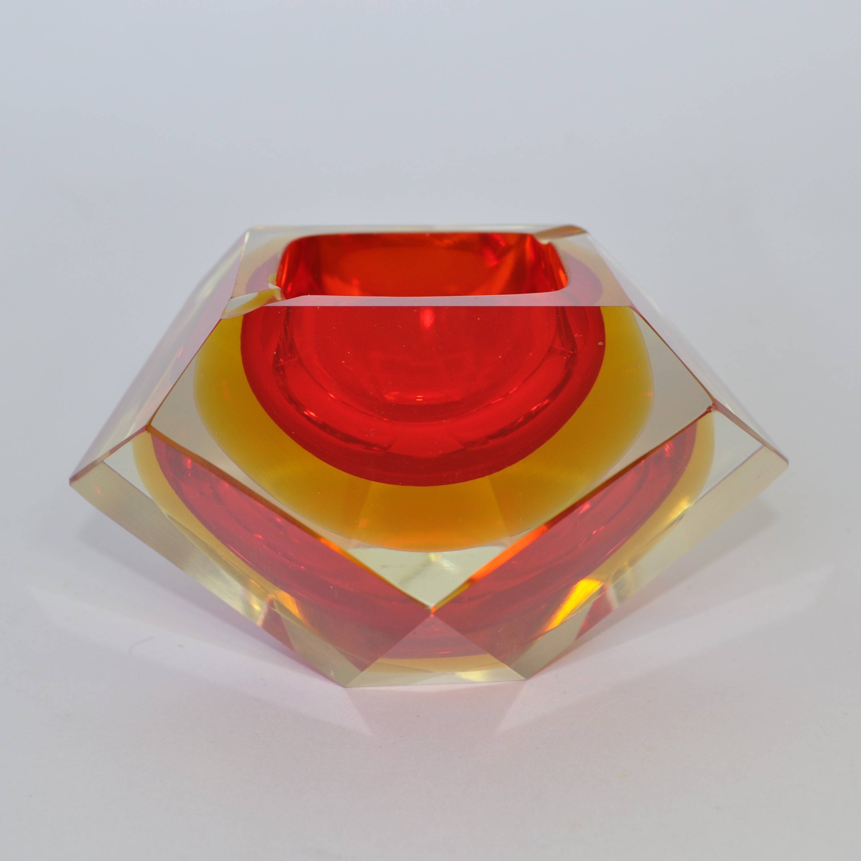 Vintage Murano Faceted Red & Amber Sommerso Glass Block Ashtray / Bowl