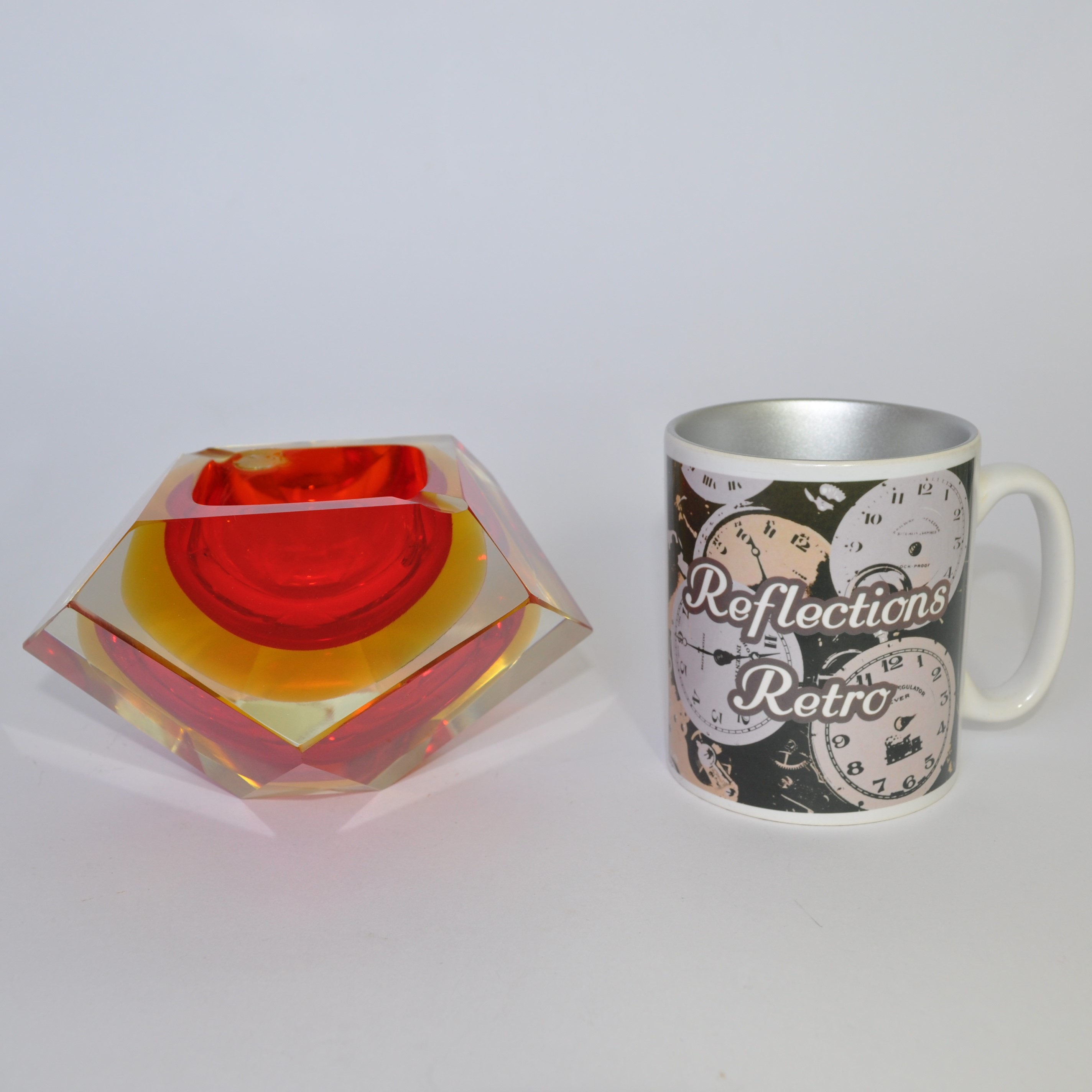 Vintage Murano Faceted Red & Amber Sommerso Glass Block Ashtray / Bowl