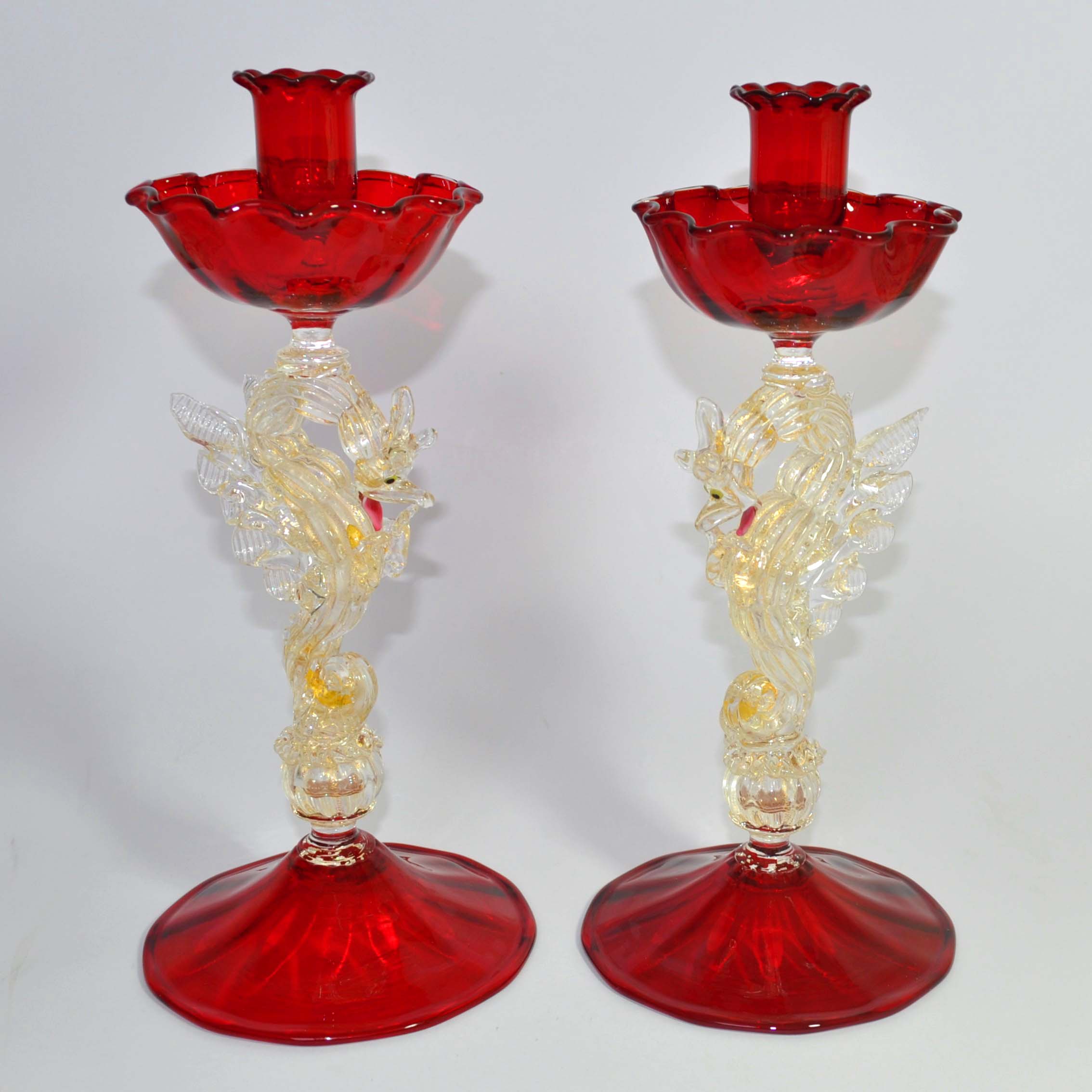 Vintage Pair of Murano Salviati Seahorse Glass Candlesticks