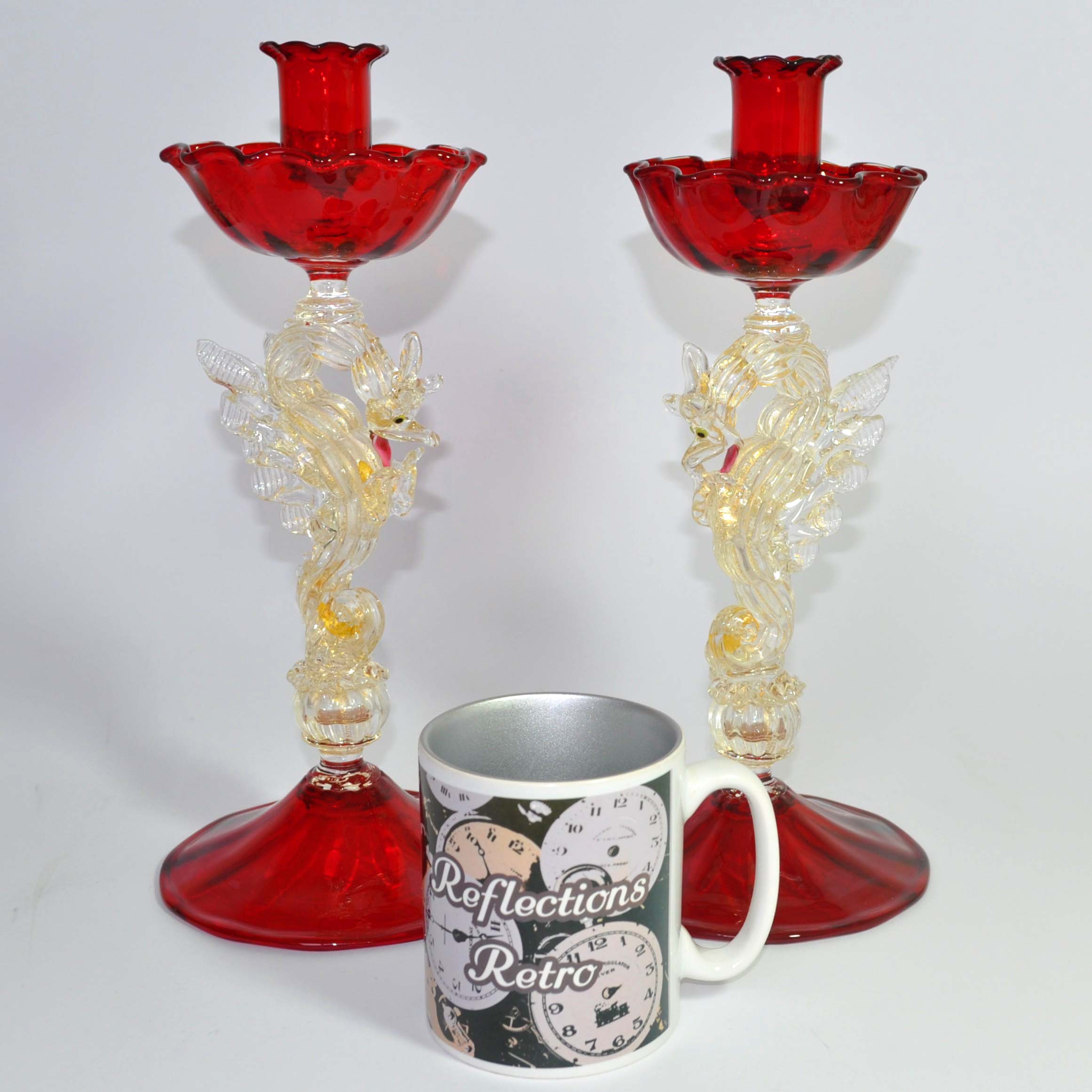 Vintage Pair of Murano Salviati Seahorse Glass Candlesticks