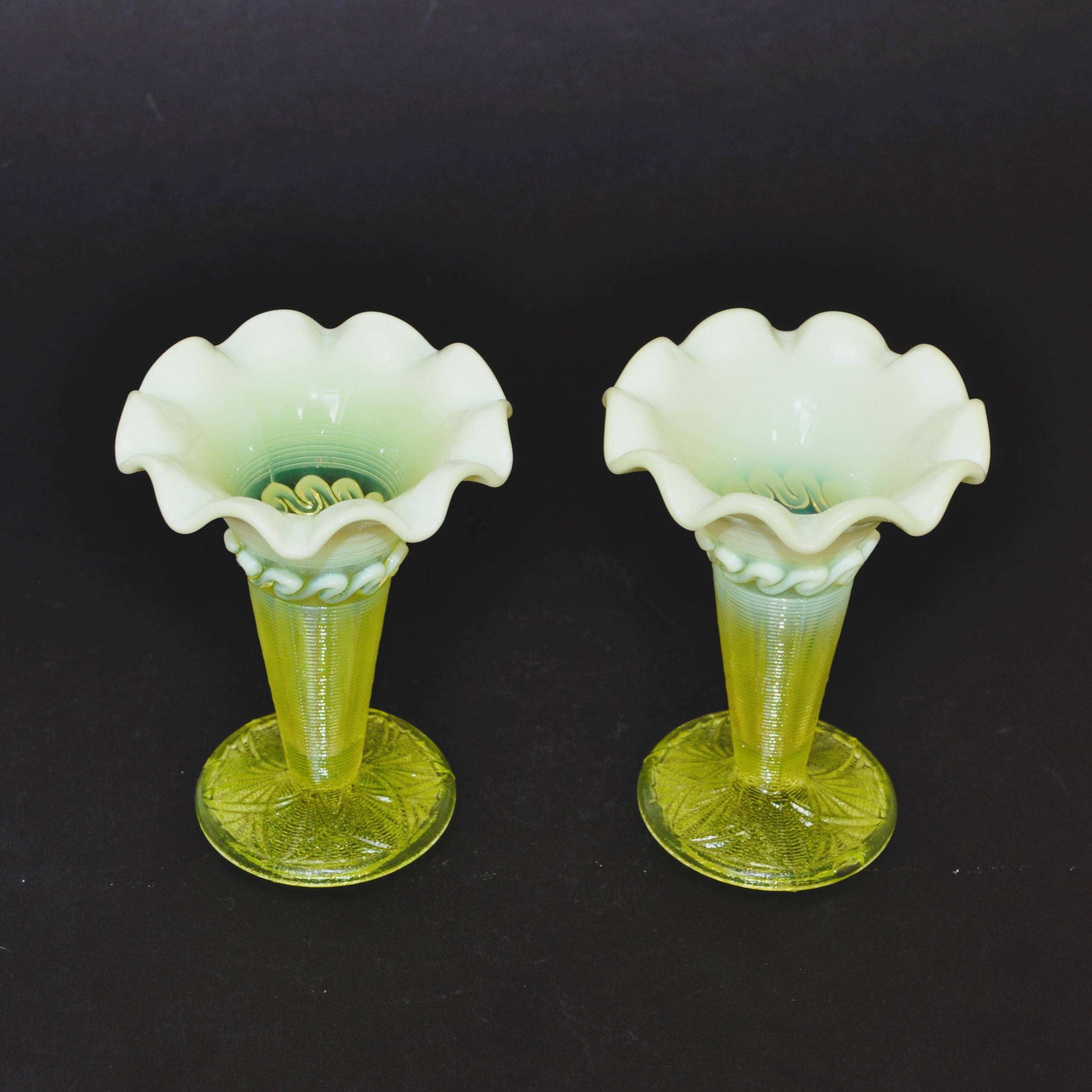 Antique Pair of Uranium / Vaseline Glass Vases