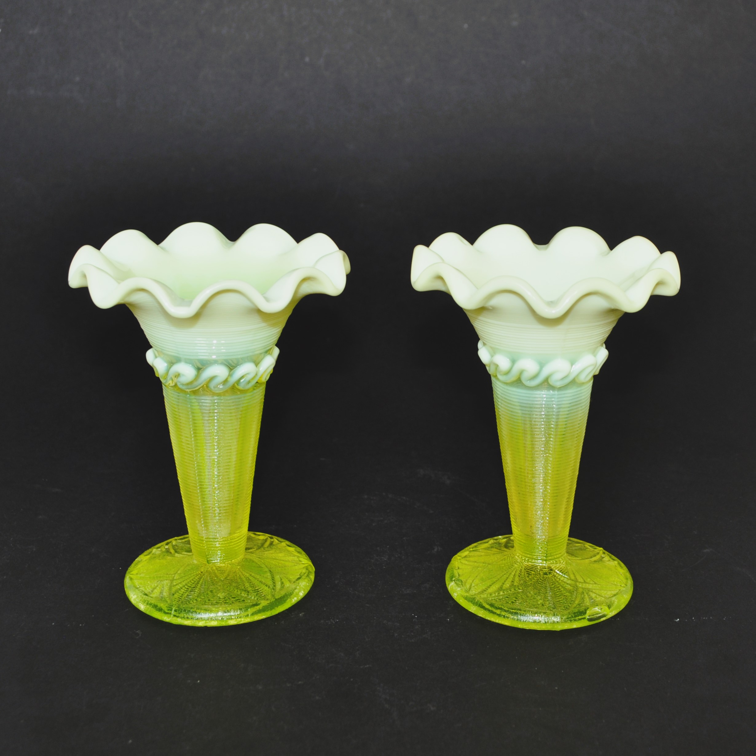 Antique Pair of Uranium / Vaseline Glass Vases