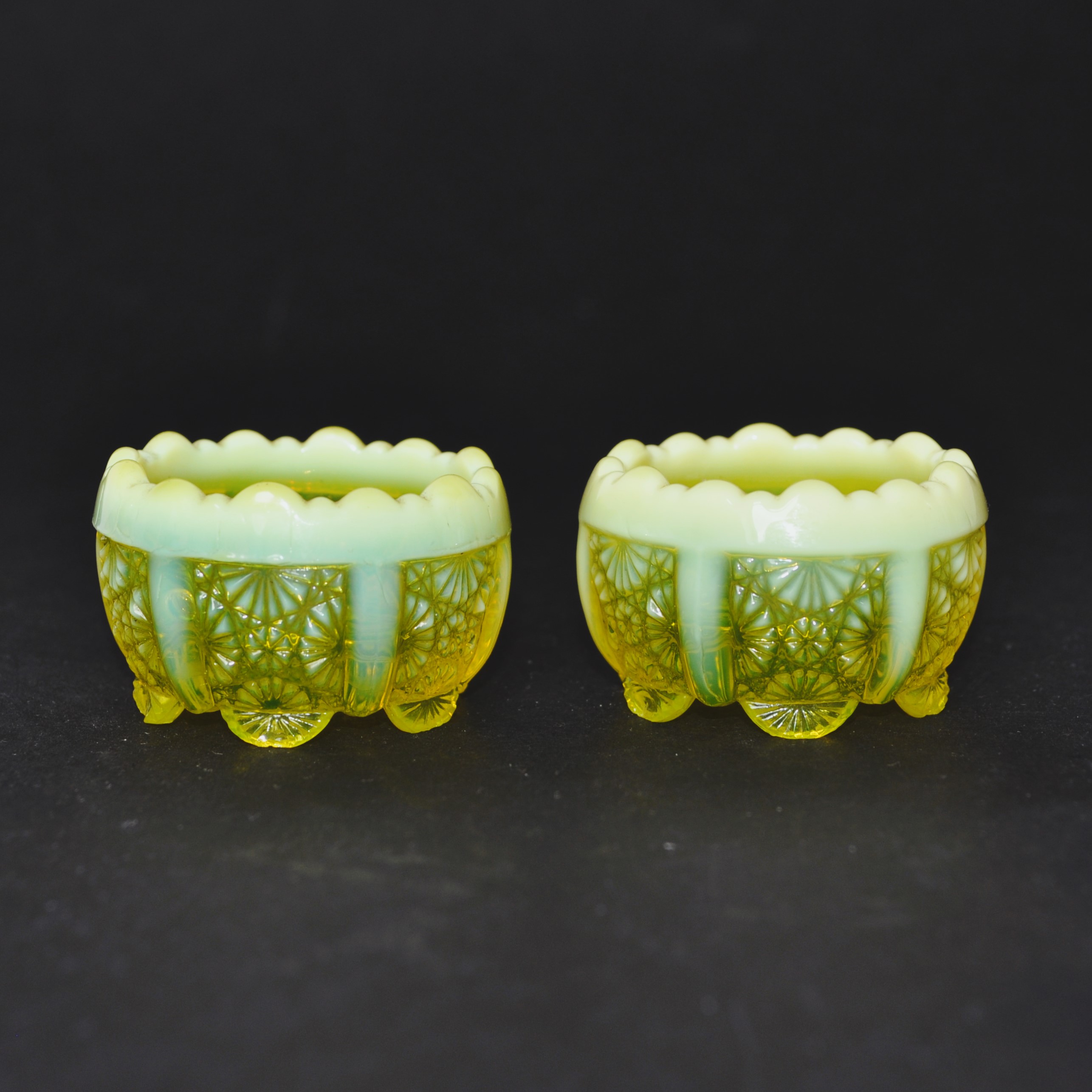Davidson Pearline Uranium Glass "Lady Chippendale" Open Salt Cellars Rd.176566
