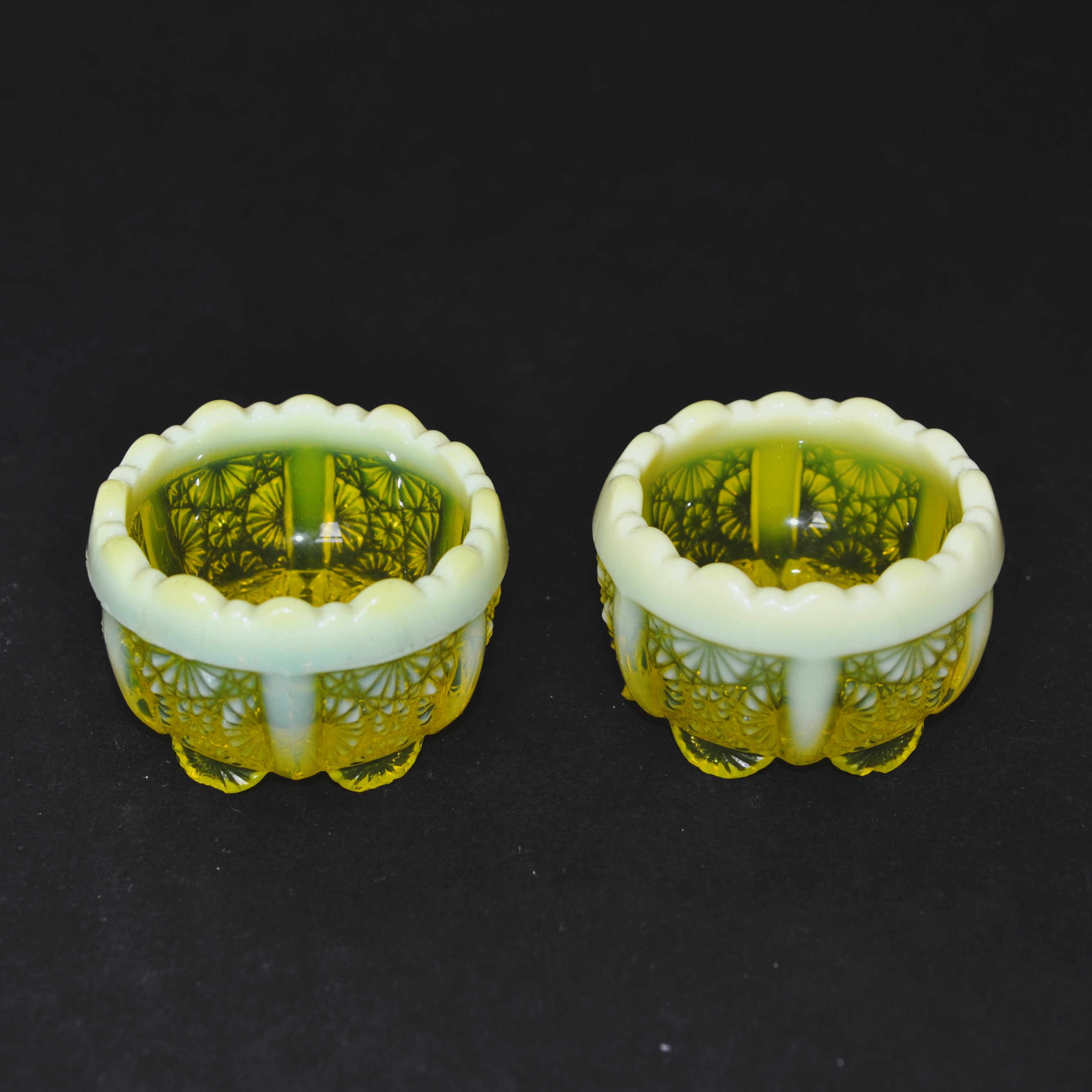 Davidson Pearline Uranium Glass "Lady Chippendale" Open Salt Cellars Rd.176566