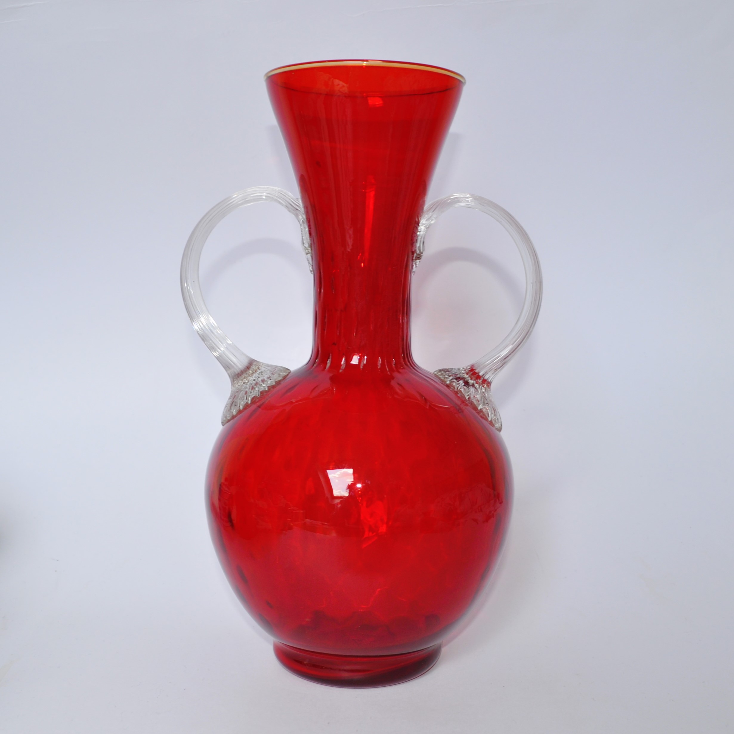 Antique Ruby Red Reeded Twin Handle Vase
