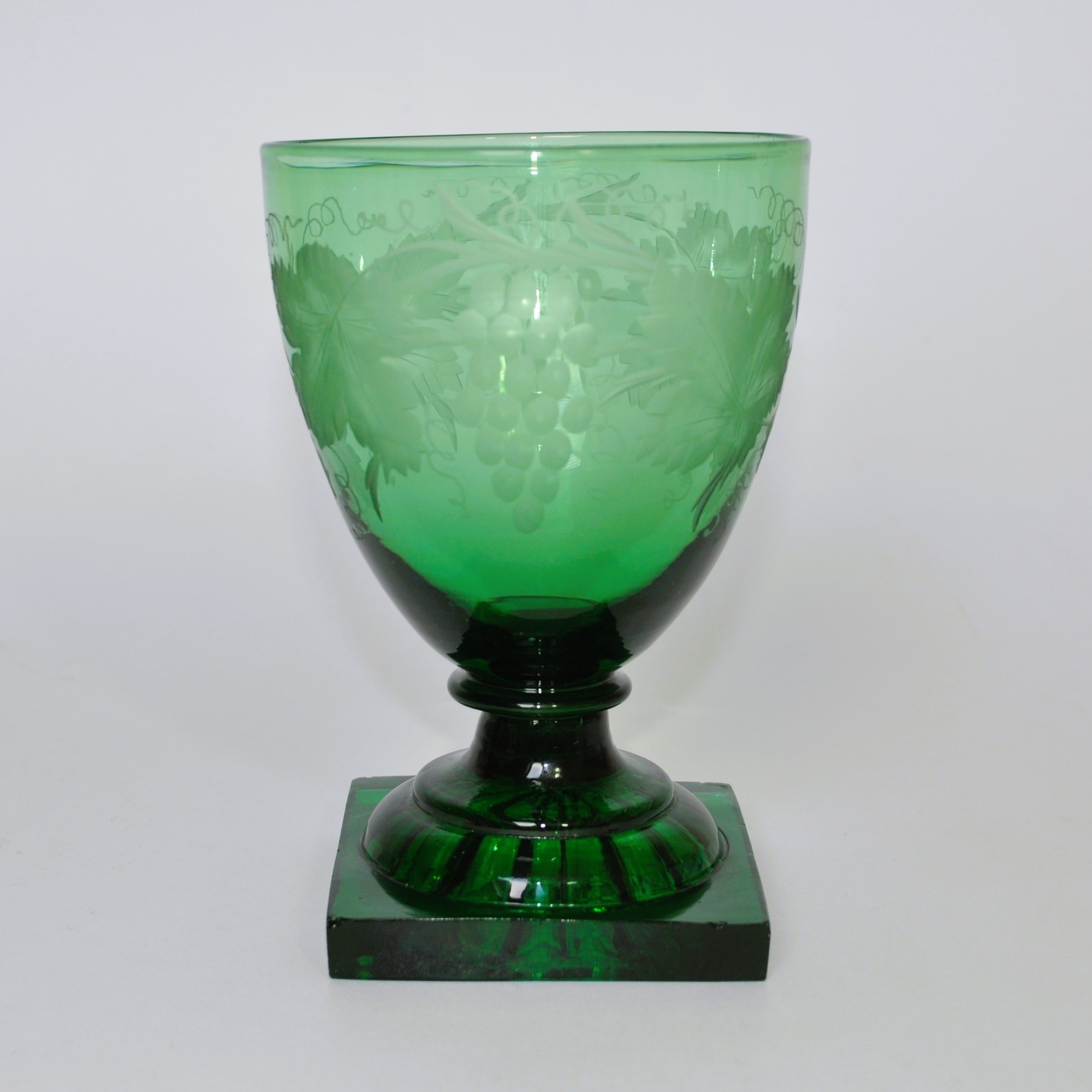 Antique, Victorian Bristol Green Lemon Squeezer Glass Rummer With Engraved Vine Leaves