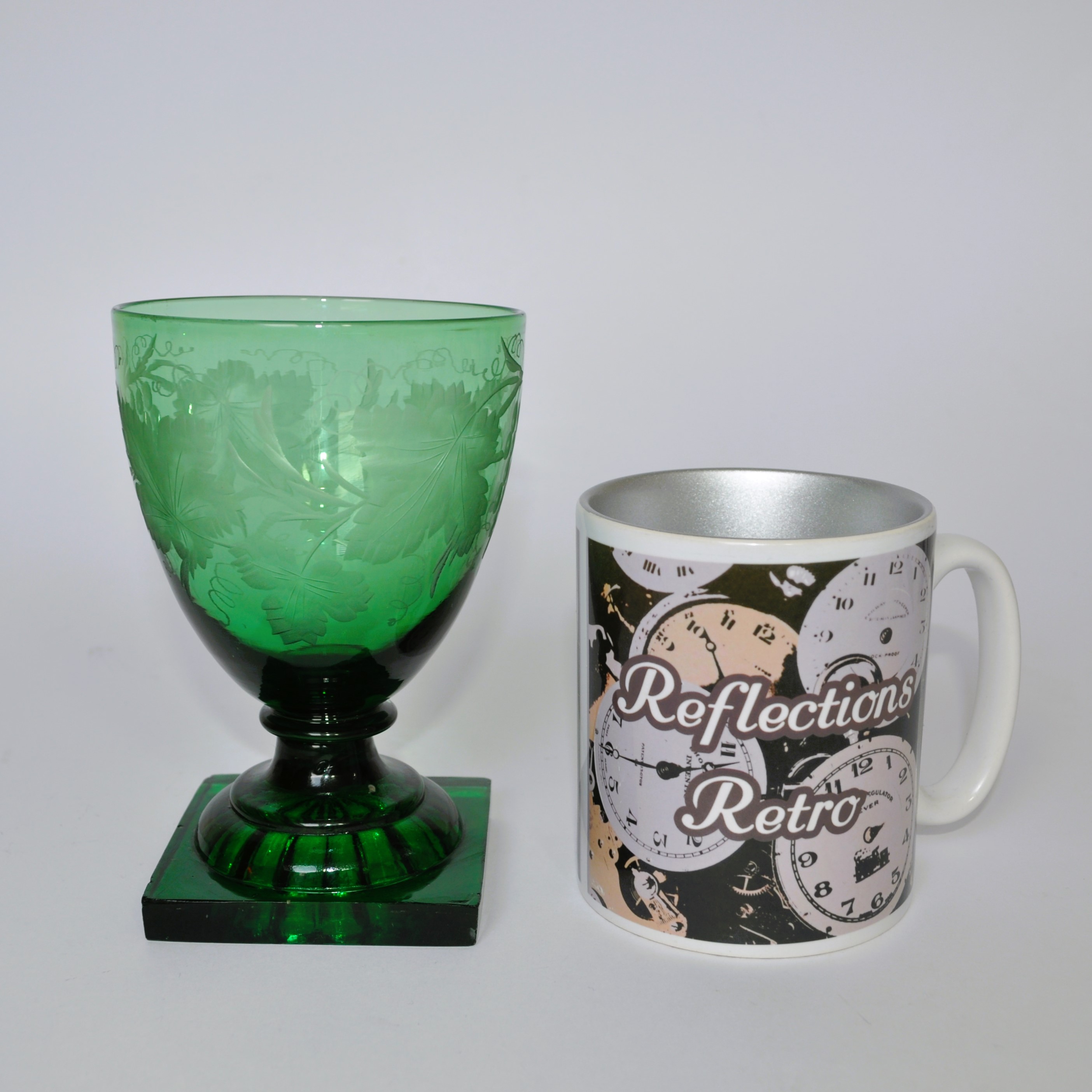 Antique, Victorian Bristol Green Lemon Squeezer Glass Rummer With Engraved Vine Leaves