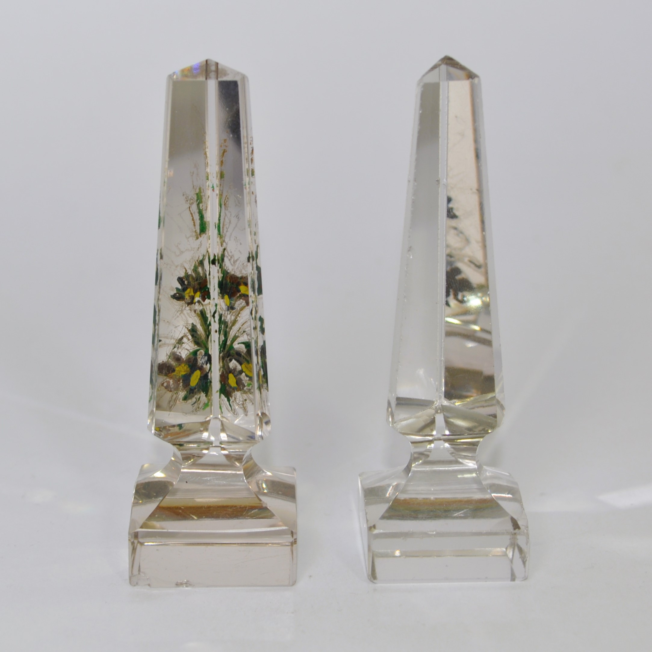 Two Antique Glass Obelisks, One Reverse Painted