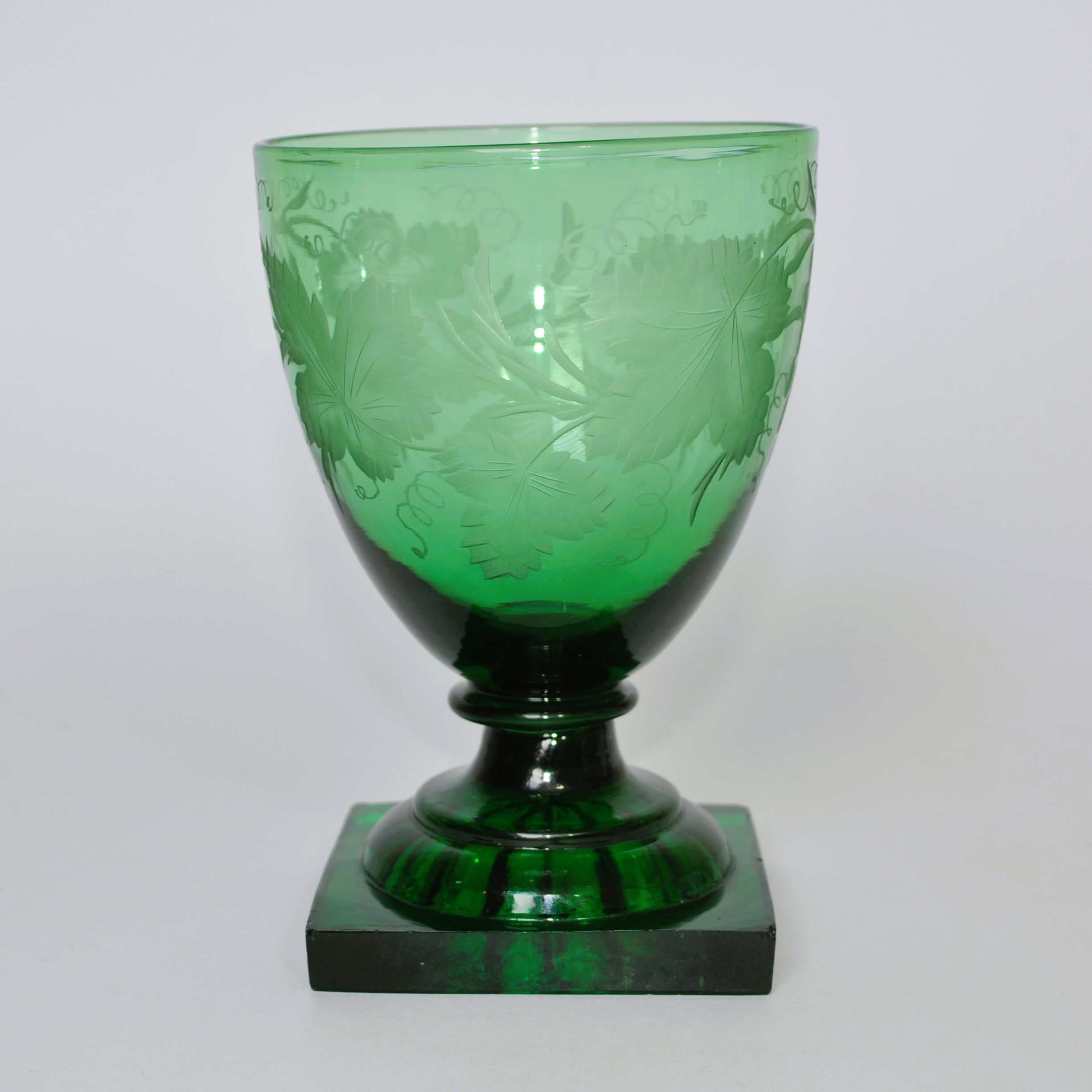 Antique, Victorian Bristol Green Lemon Squeezer Glass Rummer With Engraved Vine Leaves