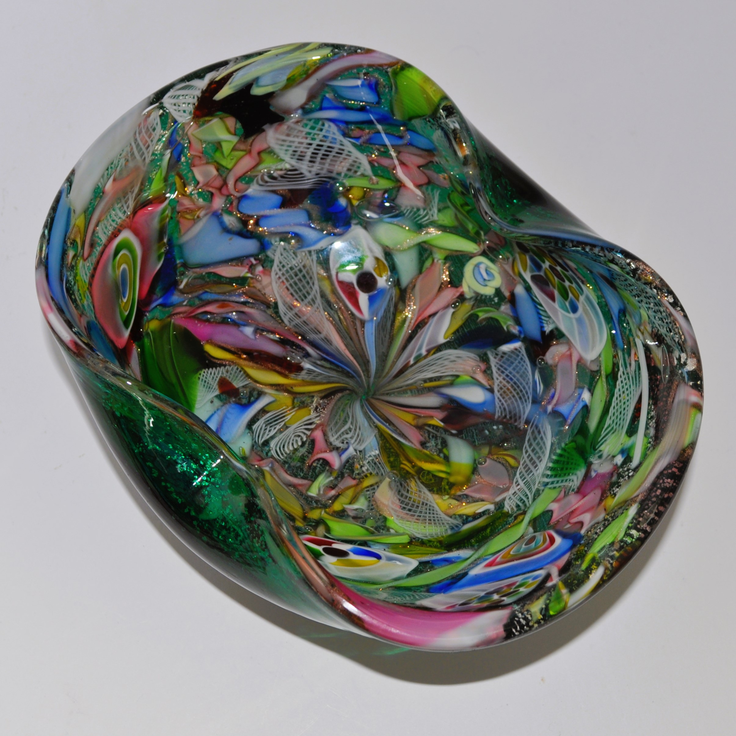 Vintage AVEM Murano Zanfirico Bizantino / Tutti Frutti Green Glass Bowl