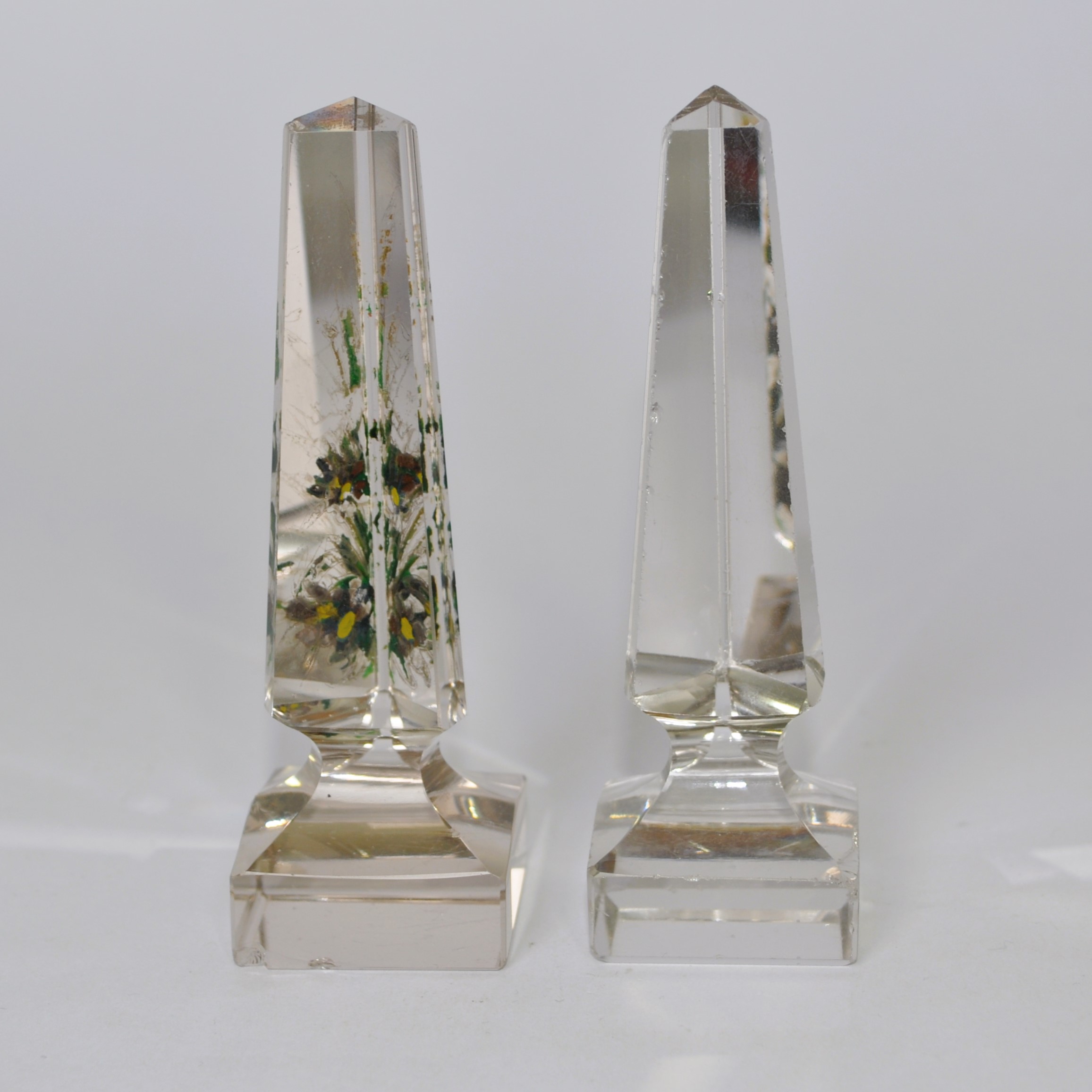Two Antique Glass Obelisks, One Reverse Painted