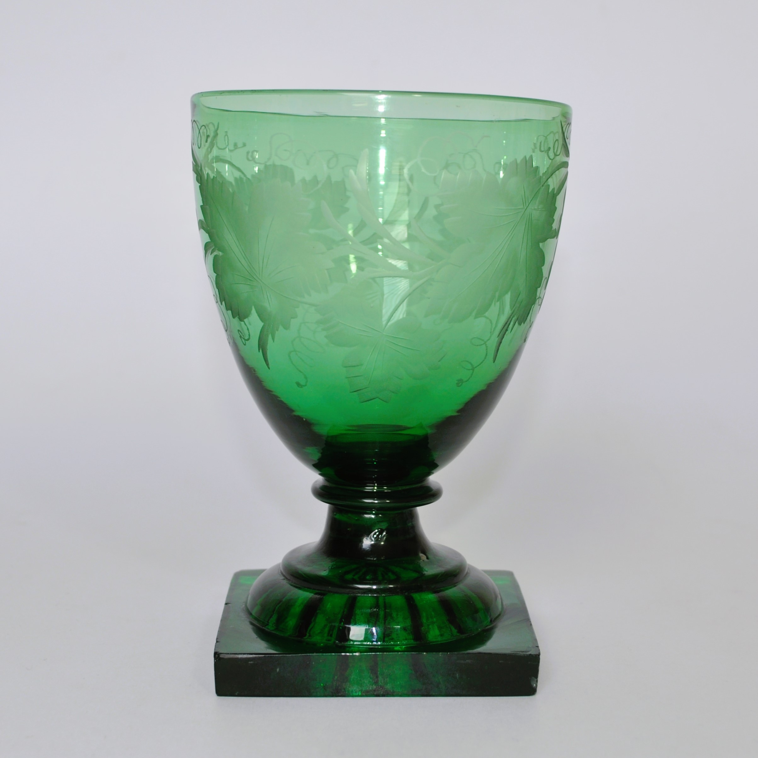 Antique, Victorian Bristol Green Lemon Squeezer Glass Rummer With Engraved Vine Leaves