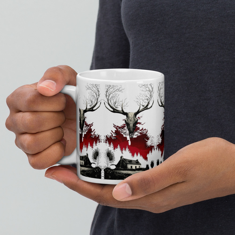 White glossy mug with Repeating Strathmor Forest Cover Design