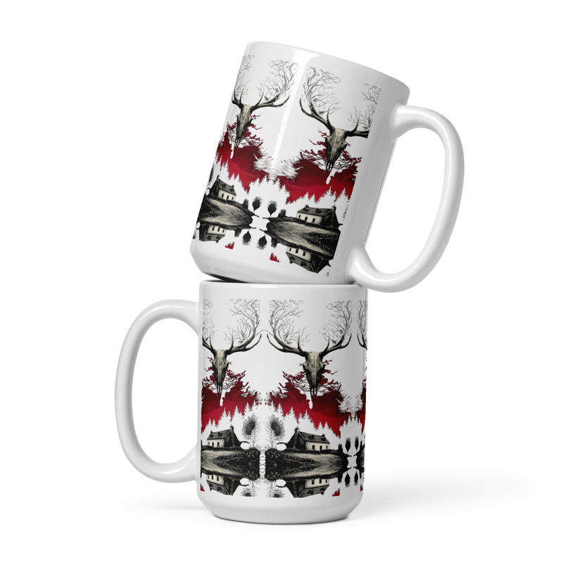 White glossy mug with Repeating Strathmor Forest Cover Design