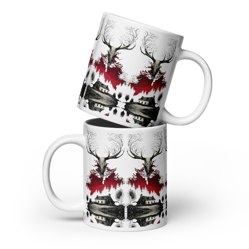 White glossy mug with Repeating Strathmor Forest Cover Design