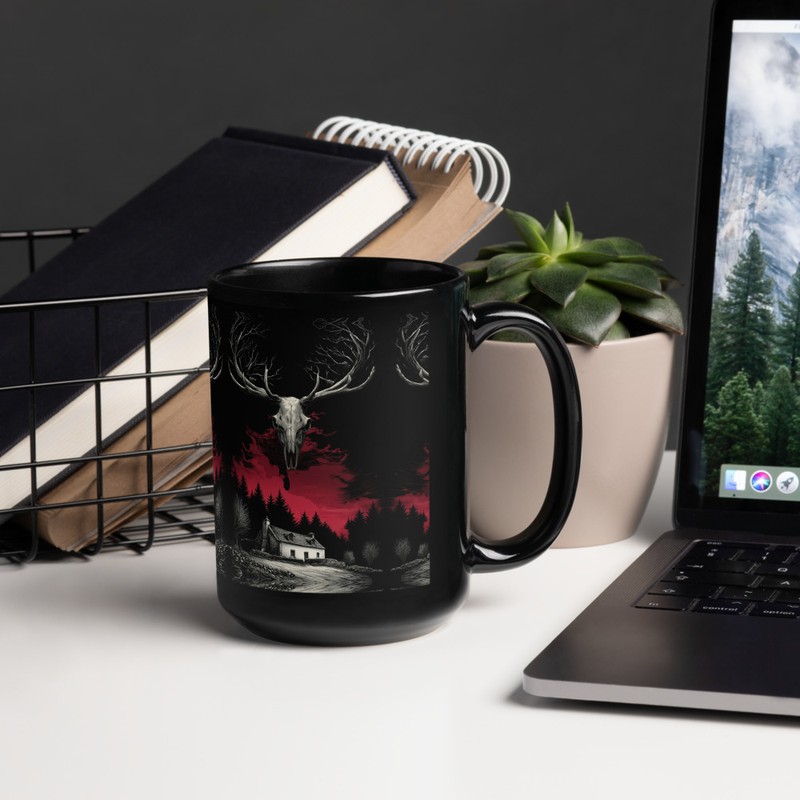 Black Glossy Mug with Repeating Strathmor Forest Cover Design