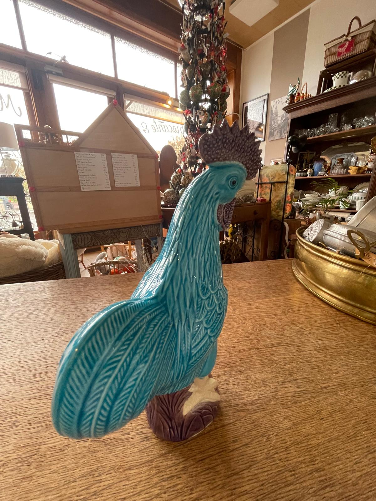Coq en faïence,  bleu turquoise