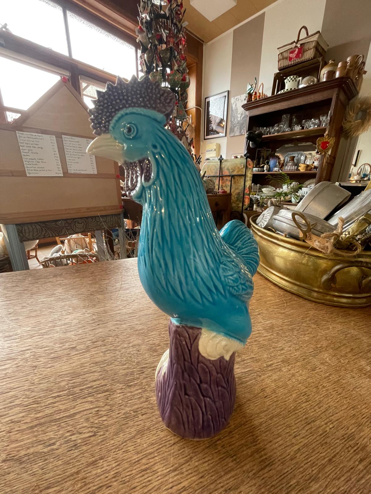 Coq en faïence,  bleu turquoise