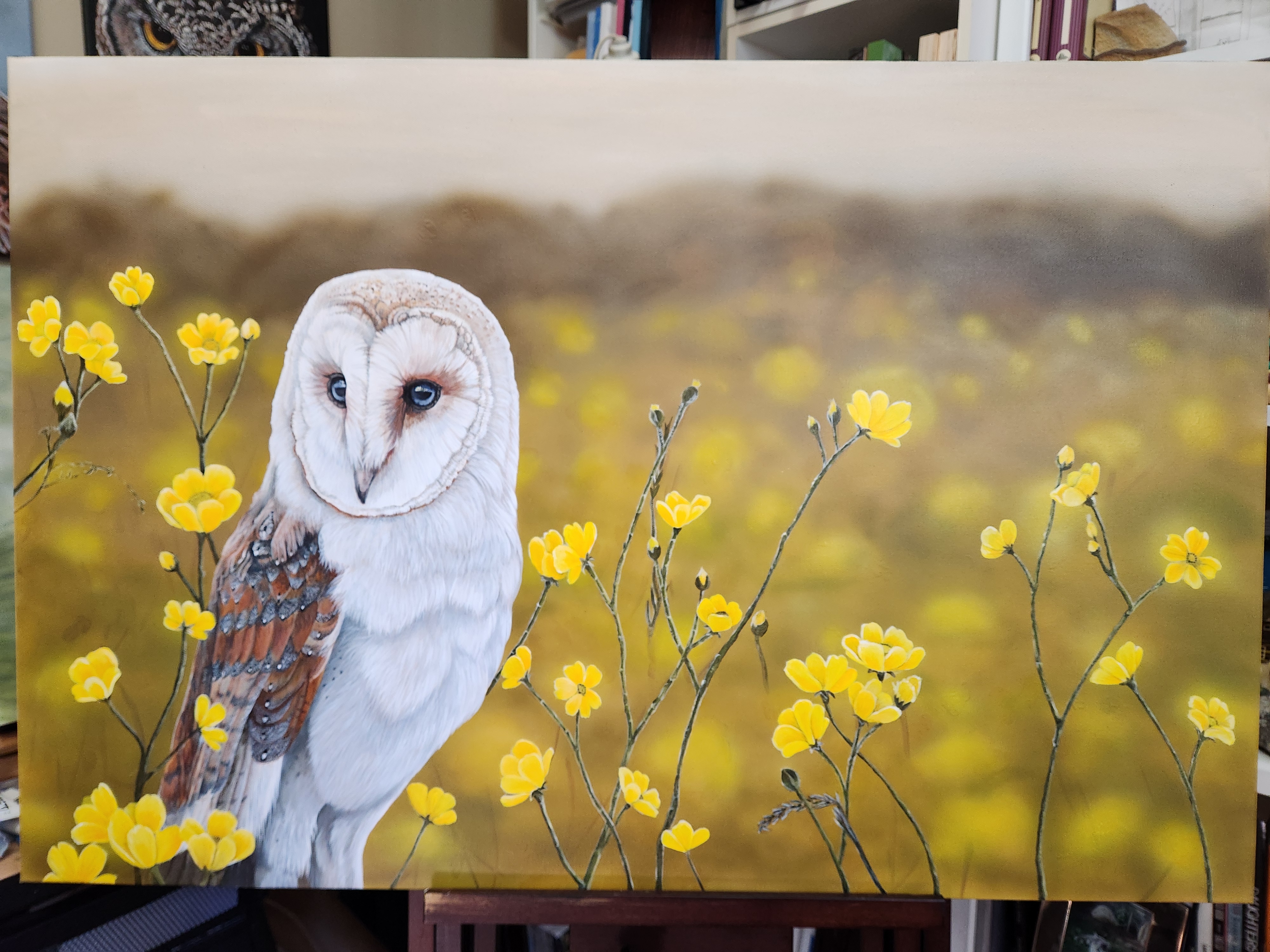 Barn Owl - Wild Yellow Fl(Owl)ers - Original Painting in Cedar Framed 